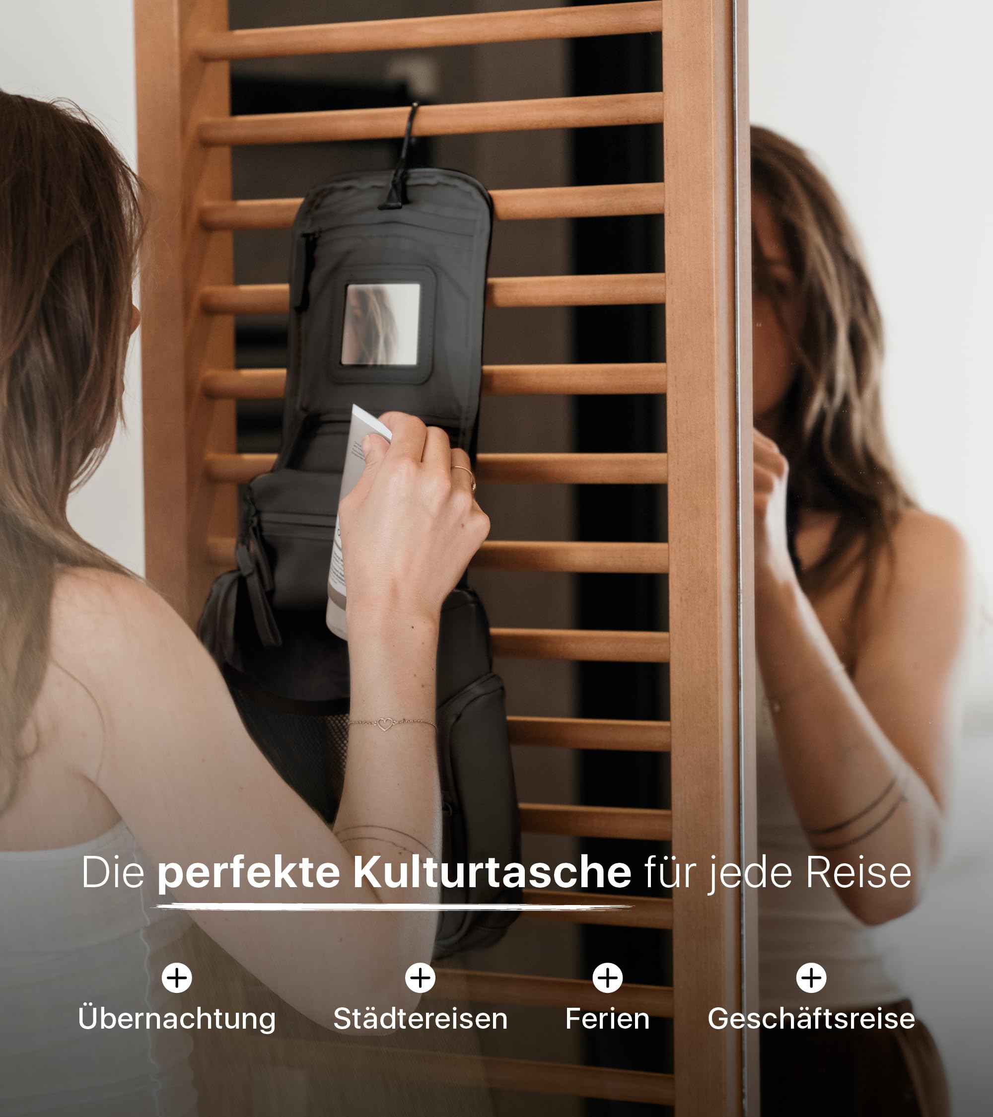 ONYX Kulturtasche Damen und Herren - Kulturbeutel zum Aufhängen aus PU-Tech-Material - Kosmetiktasche mit Spiegel für Reisen, Make-Up Organizer Tasche 26x24x11cm, Beautycase L Schwarz
