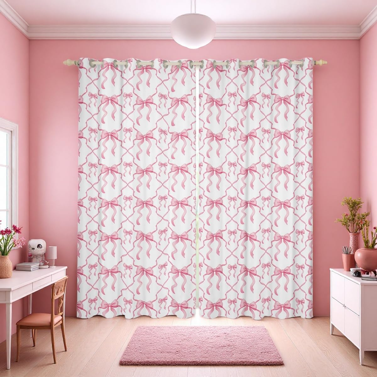 Erosebridal Pink Bow Room Darkening Blackout Curtains for Kids Teen Women,Cute Ribbon Bowknot 38" Wx45 L Curtains & Drapes for Girls Kawaii Watercolor Bow Window Curtains,Pink White Window Treatments
