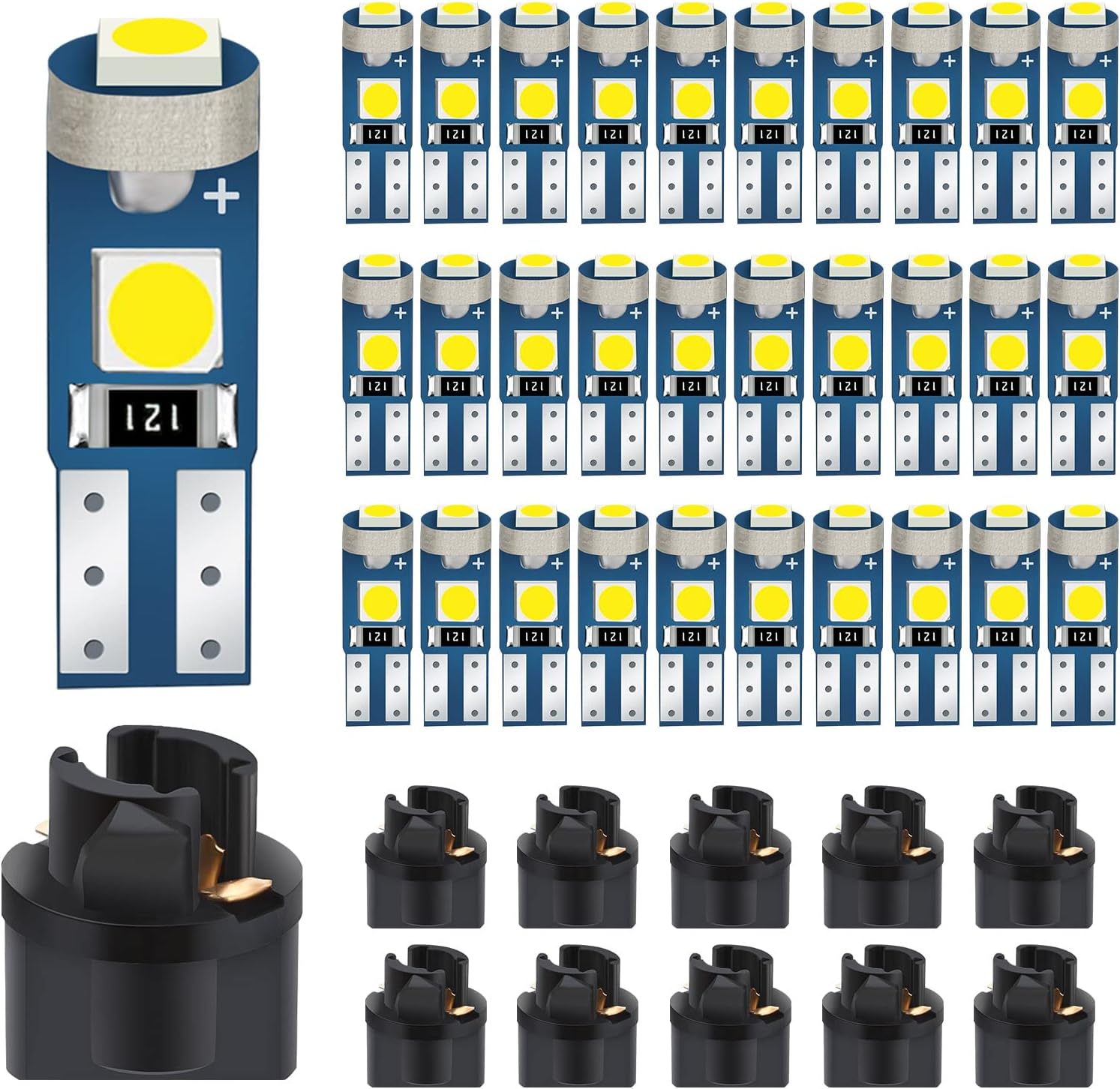 T5 Led Bulbs, 30PCS 6000K T5 74 2721 37 Wedge Led Bulbs with 10PCS PC74 Sockets