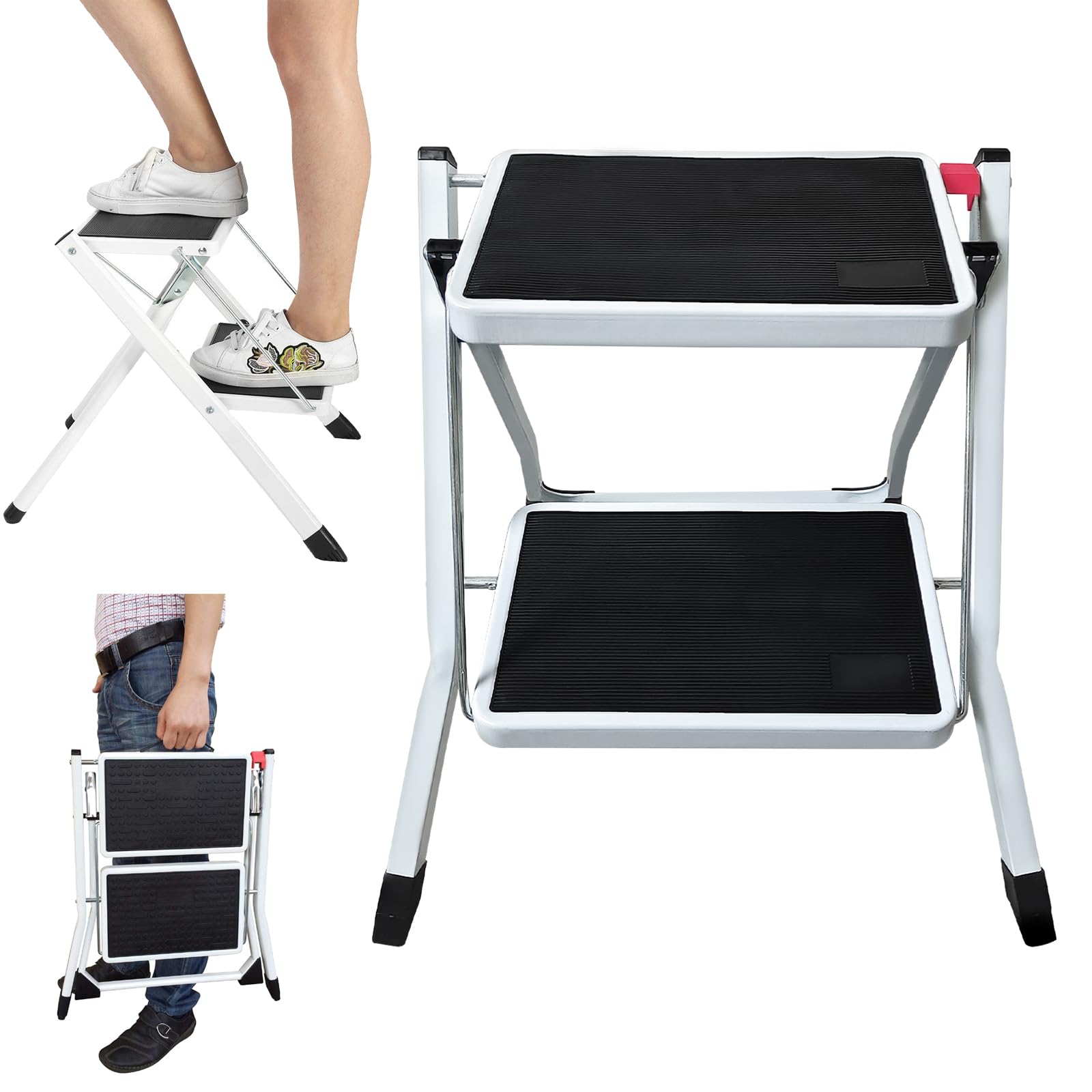 Two-Step Stool Portable 2 Step Ladder, Lightweight Metal Folding Step Stool Household Stepladder, Large Platform Small Step Ladder with Non-Slip Feet for Caravan/Campervan/Kitchen, 330lbs Capacity