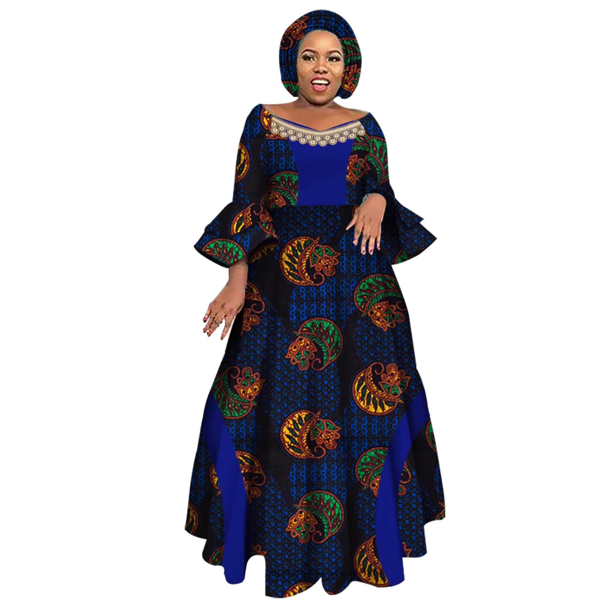 iooiooi Womens African Print Party Maxi Dress Ankara Long Dress &amp; Headwrap