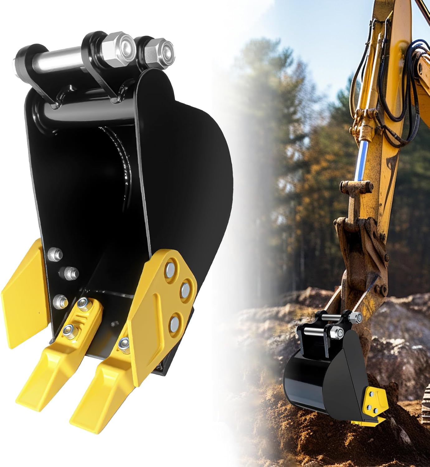 200mm Narrow Digging Bucket，7.87in Mini Excavator Attachments，Hole Diameter 0.98in Mini Excavator Attachments, Center Wheelbase 3.54in (Yellow-Teeth-200mm)