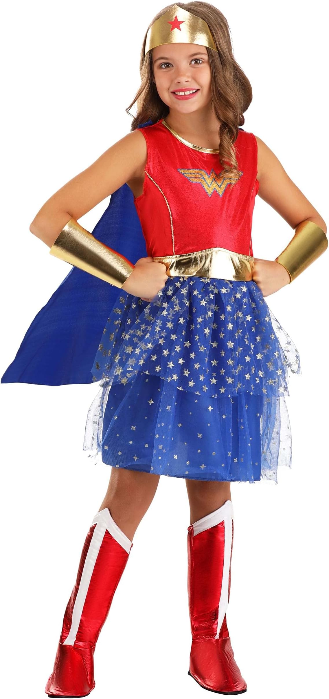 Girl's Caped Wonder Woman Costume, Red White & Blue Tutu Dress, Superhero Outfit with Cape & Gold Tiara