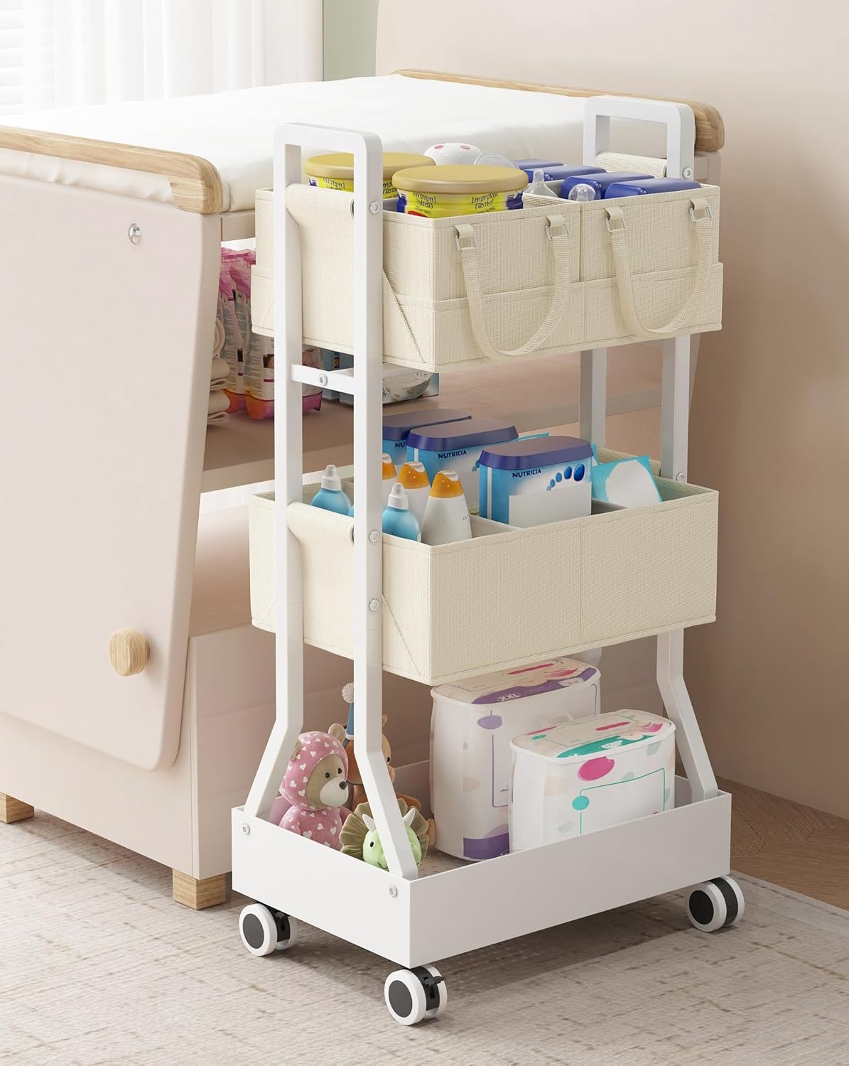 2In1 Baby Diaper Caddy Organizer Cart- Rolling Diaper Cart with Detachable Dividers-Baby Essentials Nursery Storage, for Crib, Bedroom,Kitchen, Bathroom(Off White)