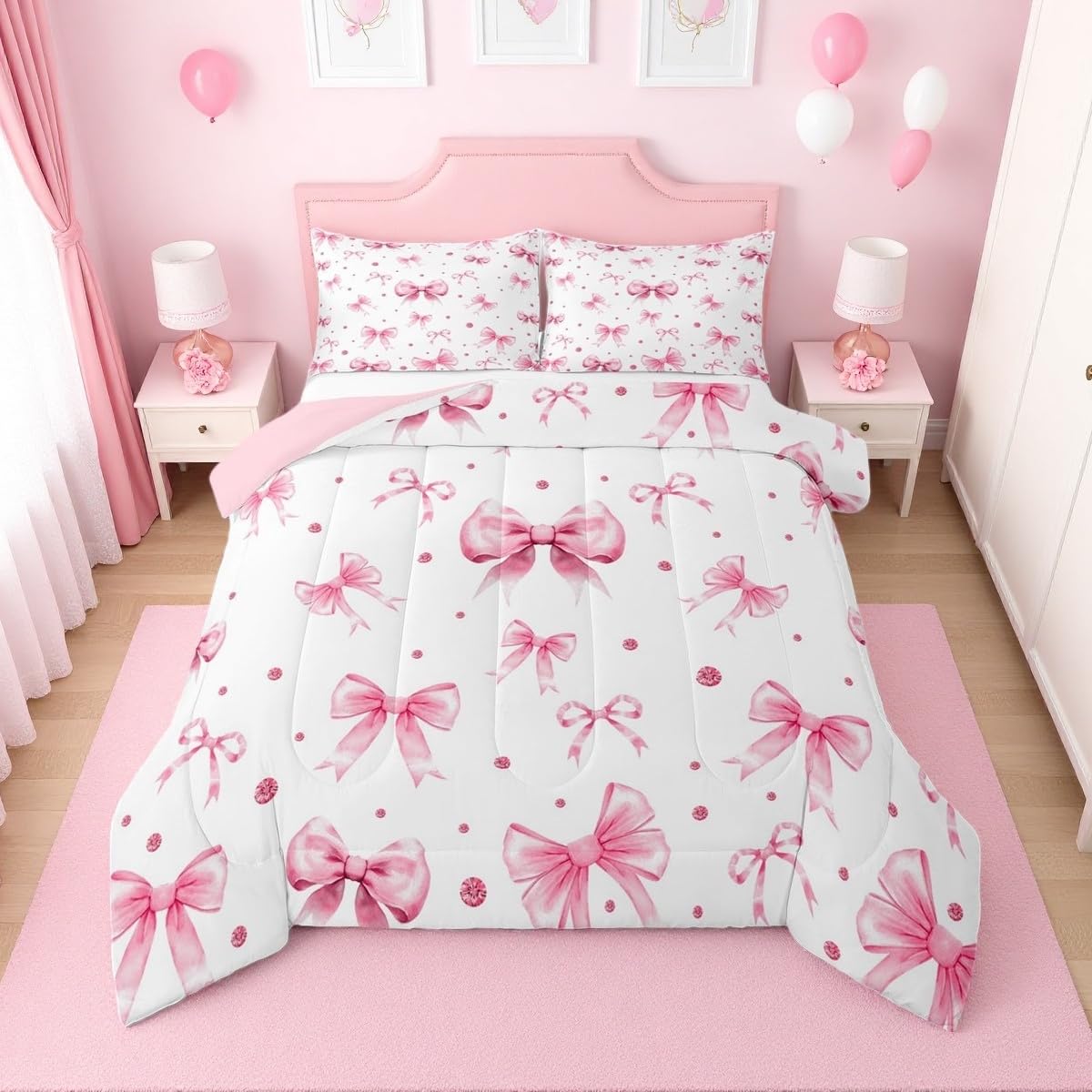 Erosebridal Cute Pink Bow Full Comforter Set for Girls | Pink Coquette Bows Bedding Set for Kids Women, Princess Ribbon Bow Tie Quilt, Kawaii Bowtie Bedroom Decor, 2 Pillowcases
