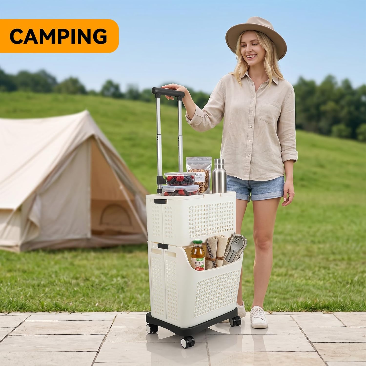 Shopping Cart, Handing Truck with Wheels, Portable, Collapsible, 100 Pounds Load Capacity, Detachable Base Plate, for Shopping, Household, Outdoor Camping, Double-Layer