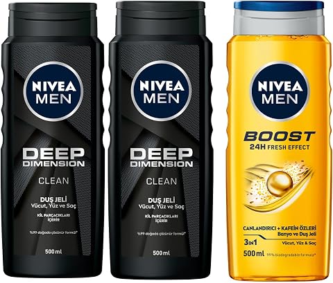 NIVEA Men Deep Dimension Duş Jeli 500 ml,3'ü 1 Arada Komple Bakım,Vücut, Saç ve Yüz için + NIVEA Men Boost Duş Jeli 500 ml, 3'ü 1 Arada Komple Bakım, Vücut, Saç ve Yüz,Kafein ile Canlandırıcı Bakım X2