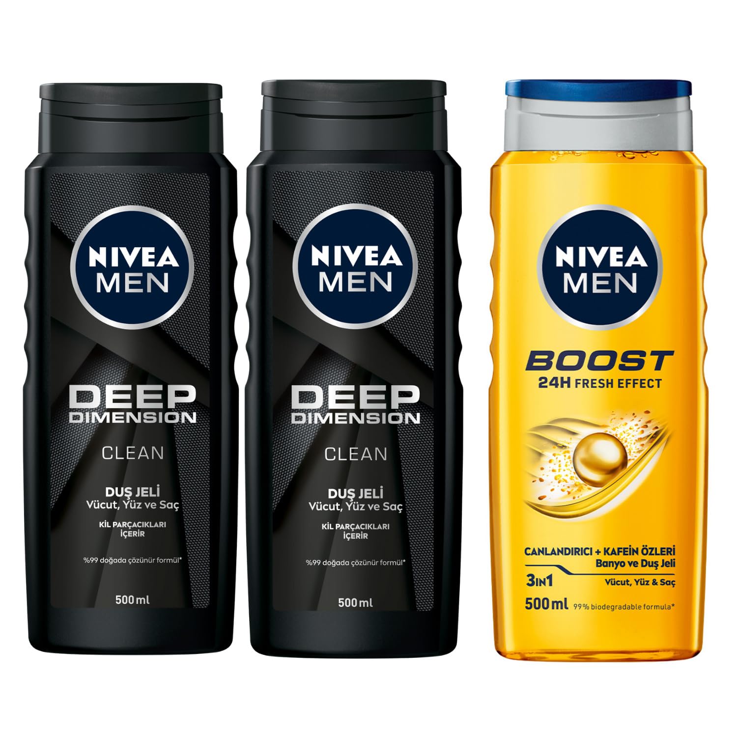 NIVEA Men Deep Dimension Duş Jeli 500 ml,3'ü 1 Arada Komple Bakım,Vücut, Saç ve Yüz için + NIVEA Men Boost Duş Jeli 500 ml, 3'ü 1 Arada Komple Bakım, Vücut, Saç ve Yüz,Kafein ile Canlandırıcı Bakım X2
