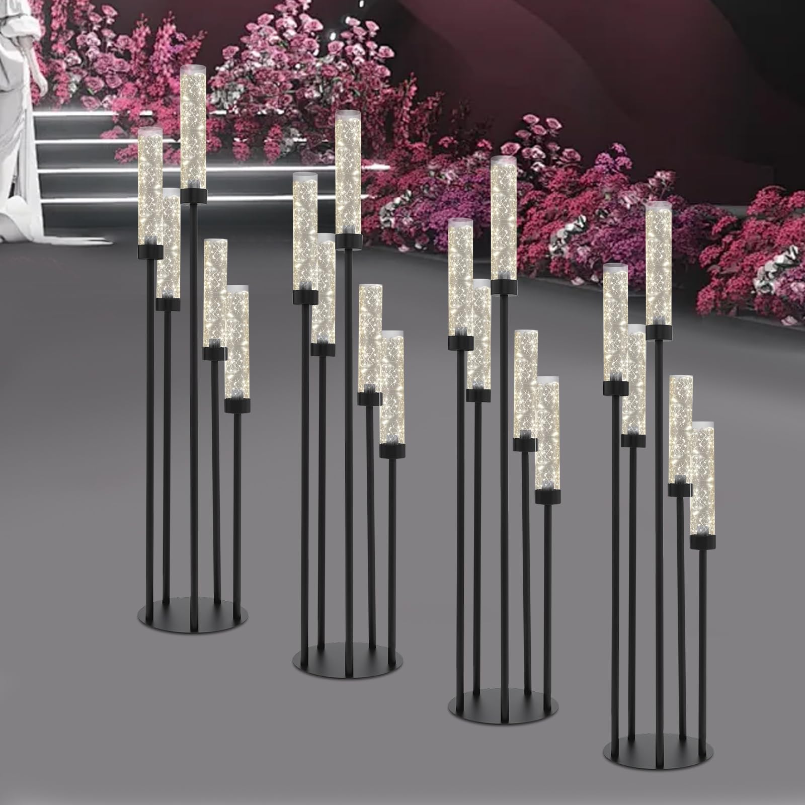 4er-Set Kerzenständer, 5 Armig Boden-Kerzenhalter, Metall Kerzenhalter mit Acryl Lampenschirm, 100cm Hohe LED-Kerzenständer für Heimdekoration, Hochzei, Partys (Schwarz)