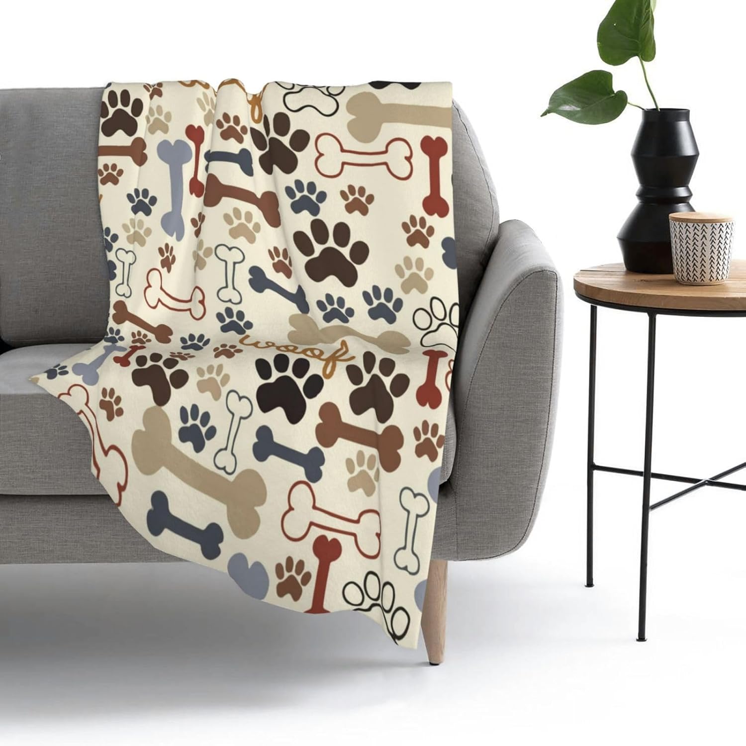 Dog Paw Prints Bones Fleece Throw Blanket Super Soft Flannel Cozy Blankets Washable Lightweight Fuzzy Blanket for Couch Sofa Bed Office Travel Camping Warm Plush Blankets for All Season (50"x40")