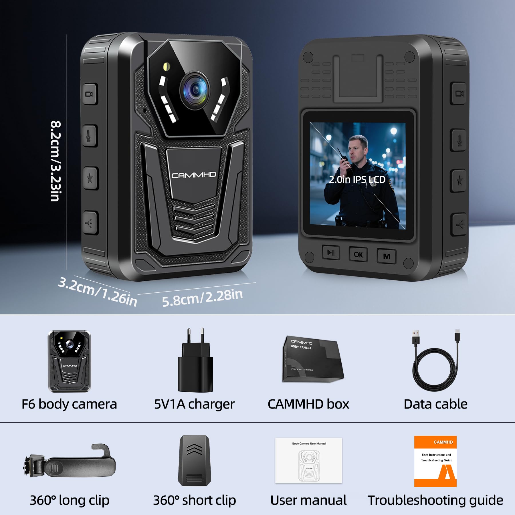CAMMHD F6-32GB 4K-Körperkamera, arbeitet 12–14 Stunden und hat Ultra-Nachtsicht, wasserdichte Body Cam mit Audio- und Videoaufzeichnung, H.265-Videocode Polizei Bodycam für die Strafverfolgung
