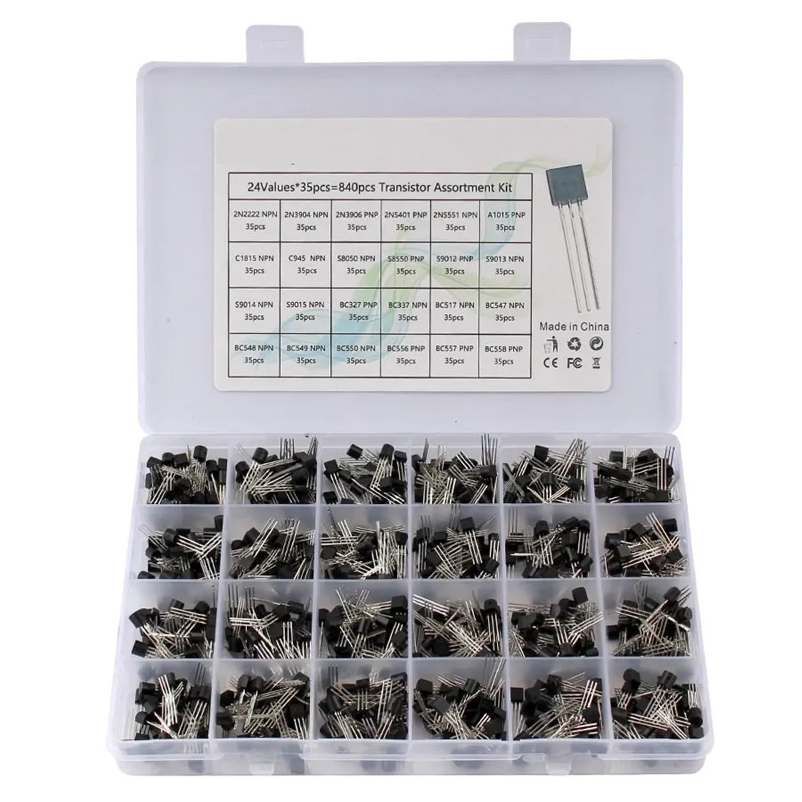 200-900PCS TO-92 Transistor Kit assortimento Scatola BC547 BC327 BC337 2N2222 3904 3906 C945 PNP/NPN Transistor Set Kit Elettronica(24Values-840pcs)