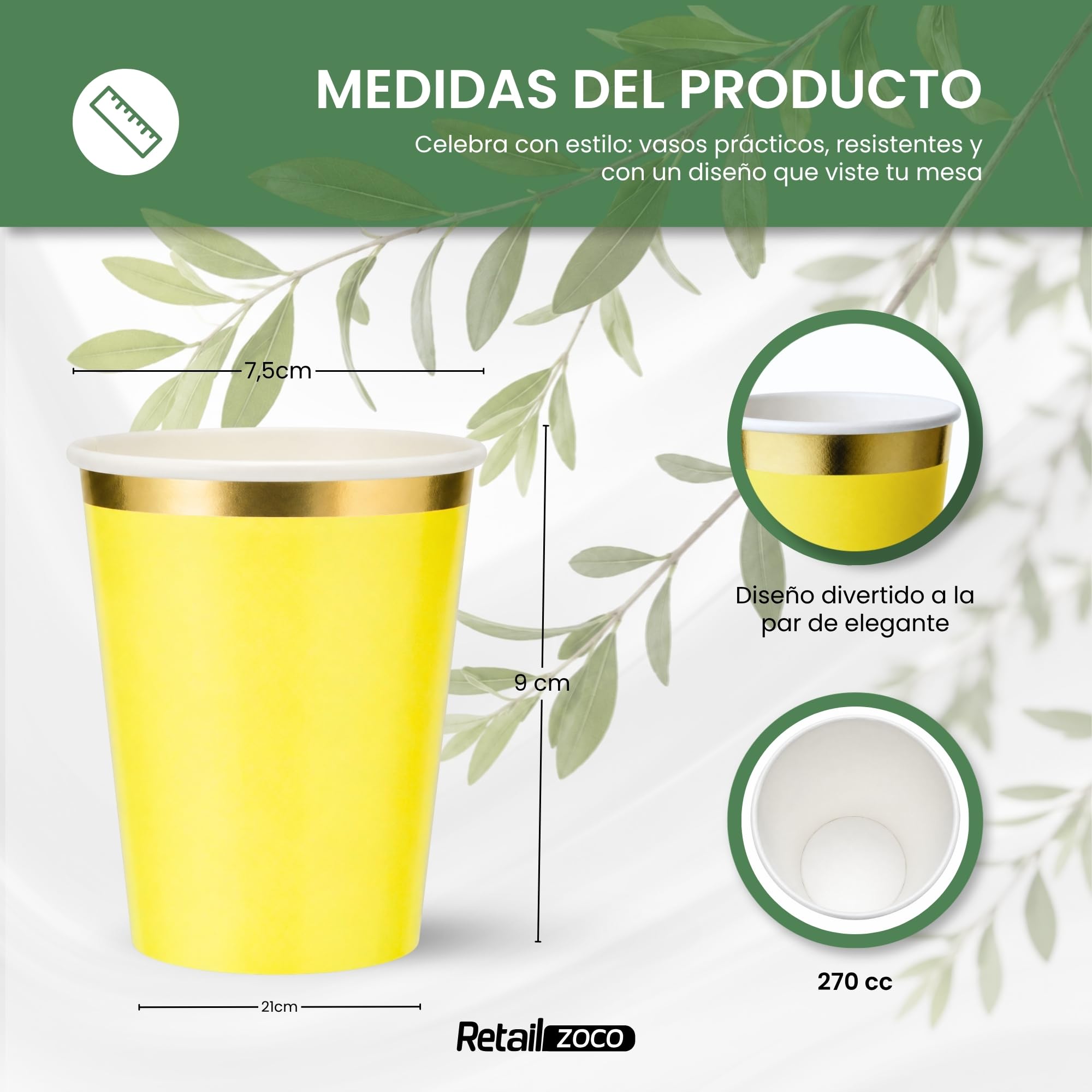 Vasos de cumpleaños, Vasos Desechables cartón, Diseño Amarillo, 12 Unidades - imagen 4