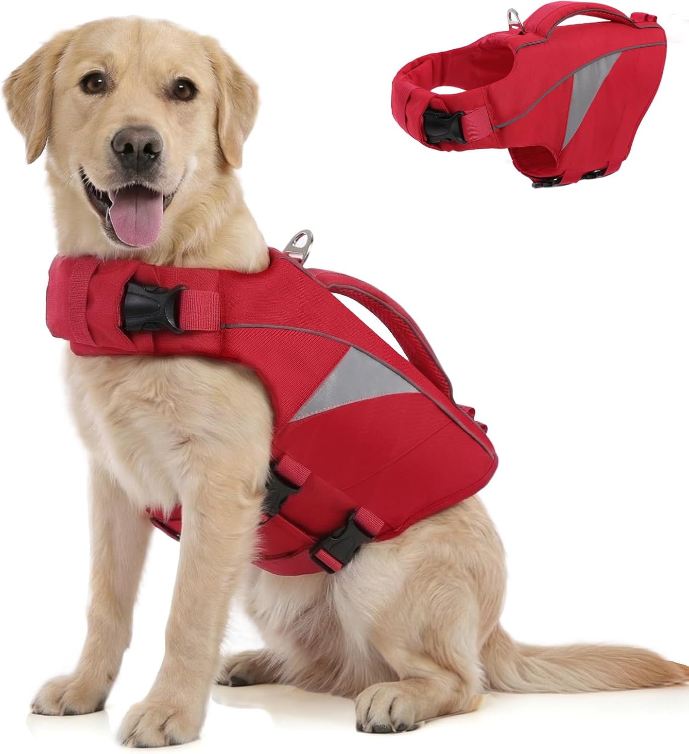Queenmore Large Dog Life Jacket,Reflective Dog Life Vest for Extra Large Dogs with High Buoyancy, Pet Lifesaver Vest for Swimming Boating,Lightweight Doggy Jackets with Rescue Handle(Red,XL)