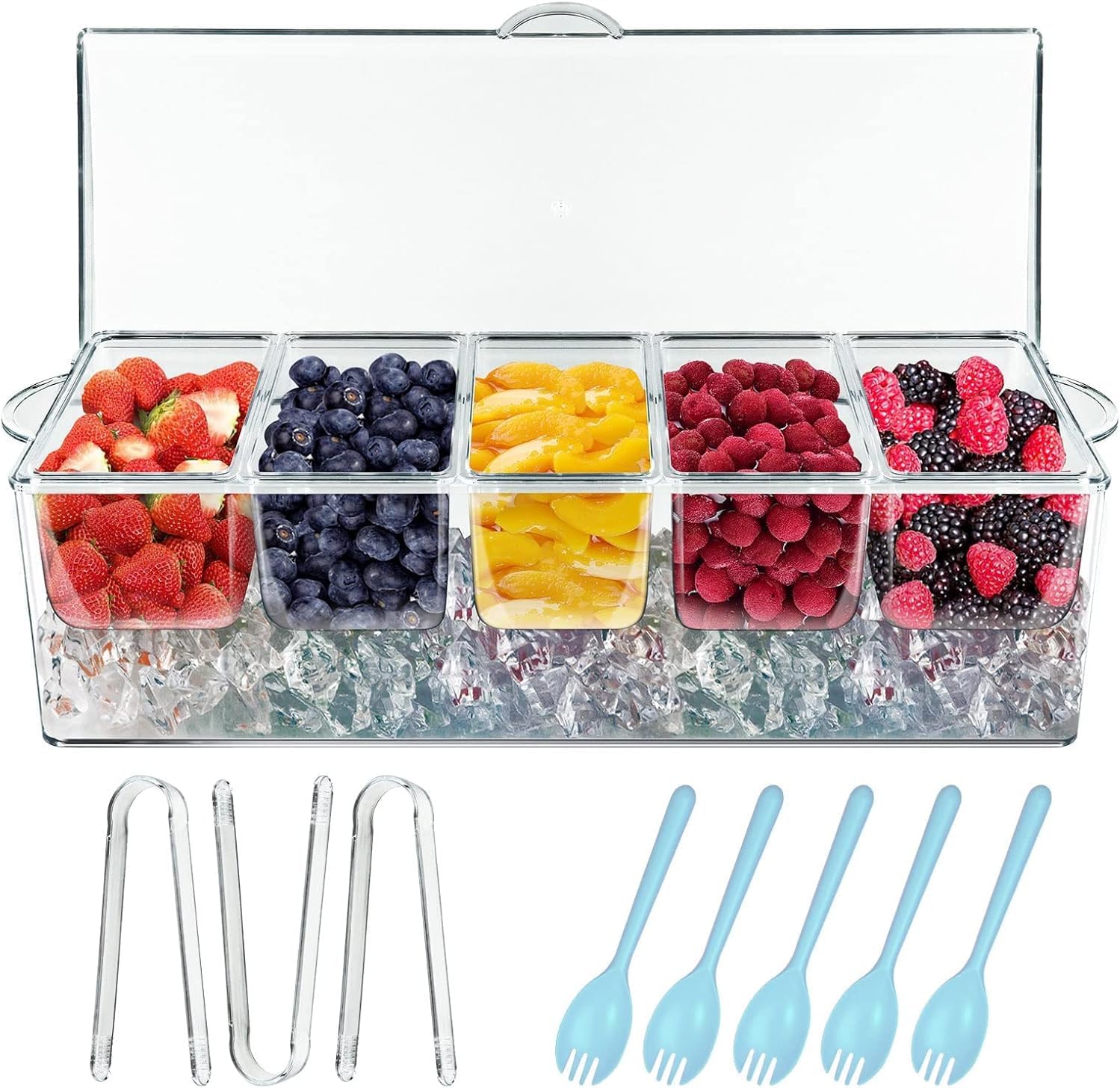 INNOVATIVE LIFE Bar Serving Tray on Ice with 5 Compartments Container, Fruit Trays for Serving , Garnish Platters with Lid , Clear