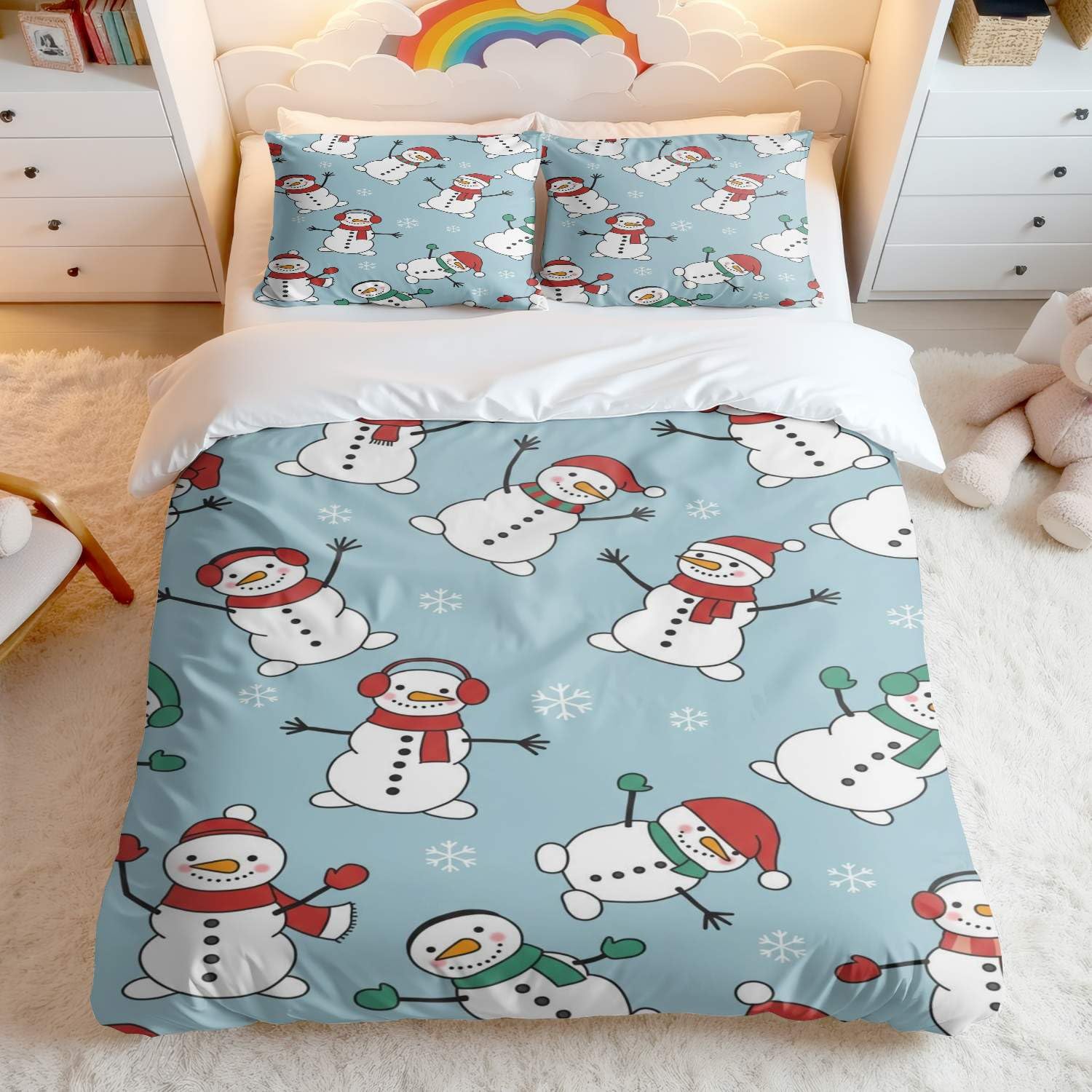 Housse de couette bonhomme de neige : literie d'hiver douce pour chambre d'enfant