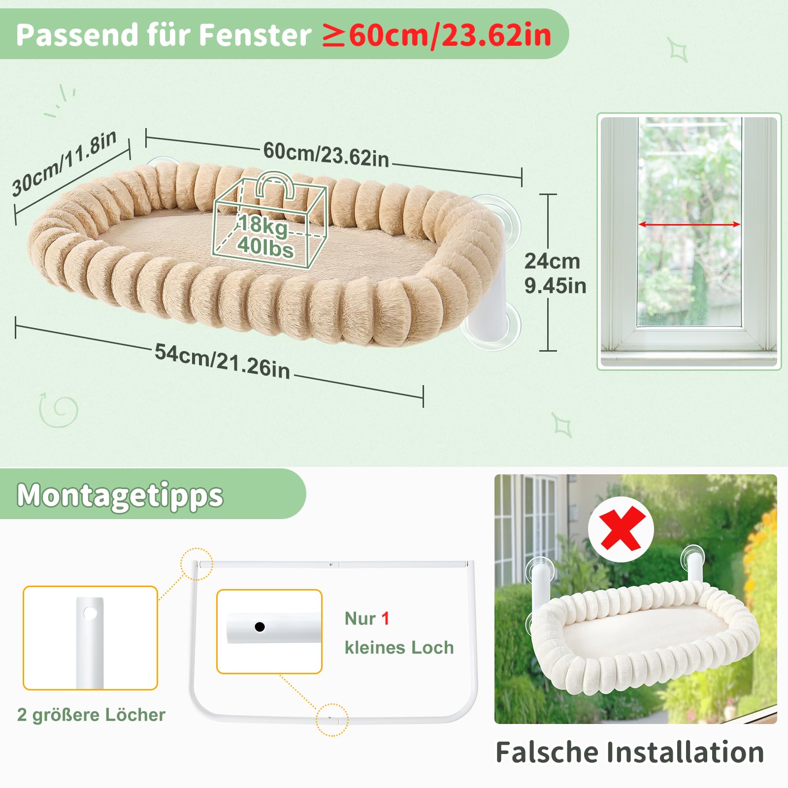 GUUSII HOME Katzen Fensterliege Faltbar Katzenbett Fenster Katzenliege Fensterbank Hängematte Saugnäpfen Fensterbrettauflage Fensterscheibe Maschinenwaschbar Weicher Plüsch 54*30cm (Helles Kamel, M)