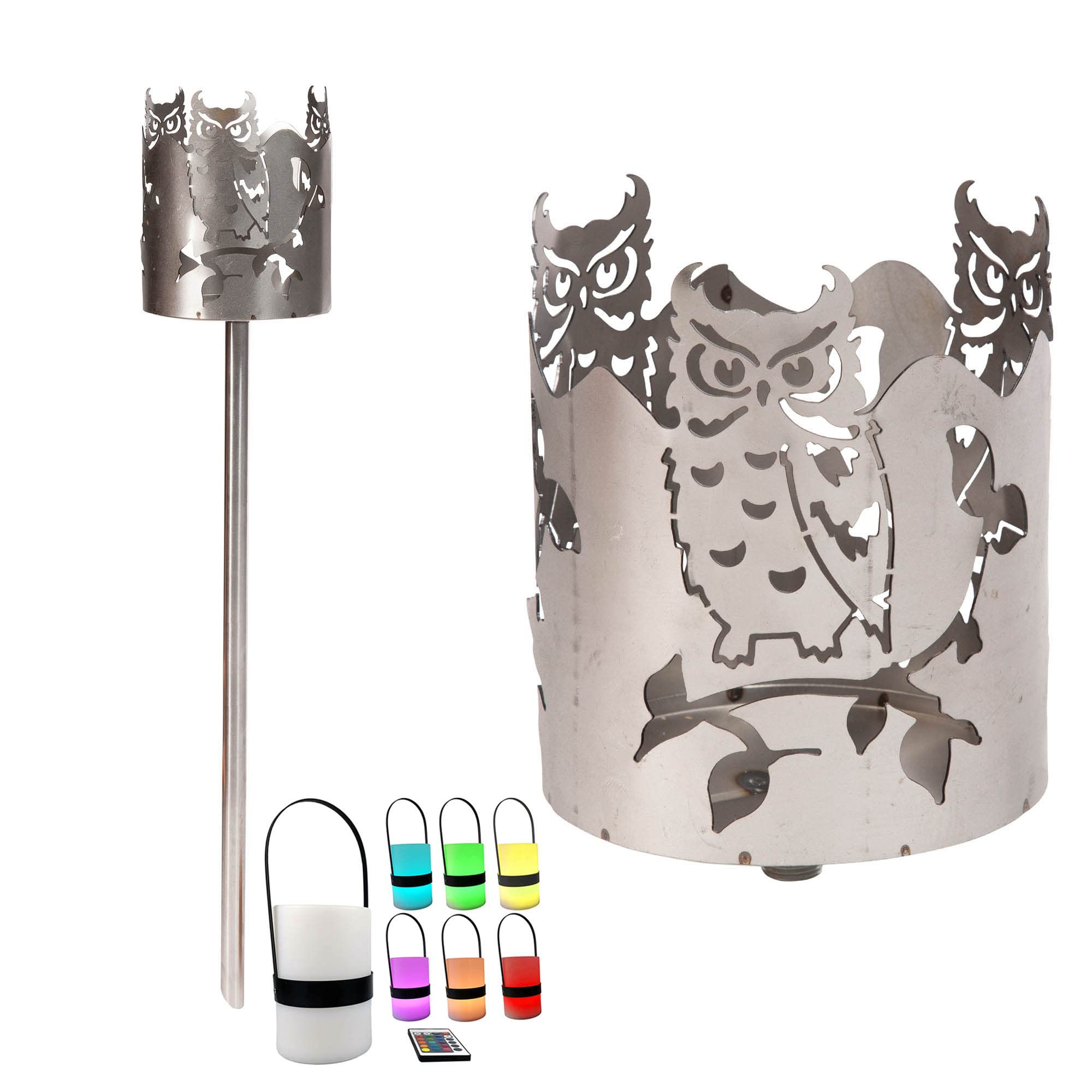 Gartenfackel RGB LED Leuchte Motiv Eule - Rost Lampe Gartenlampe RGB LED Leuchte für draußen Gartenleuchte Fackel Garten