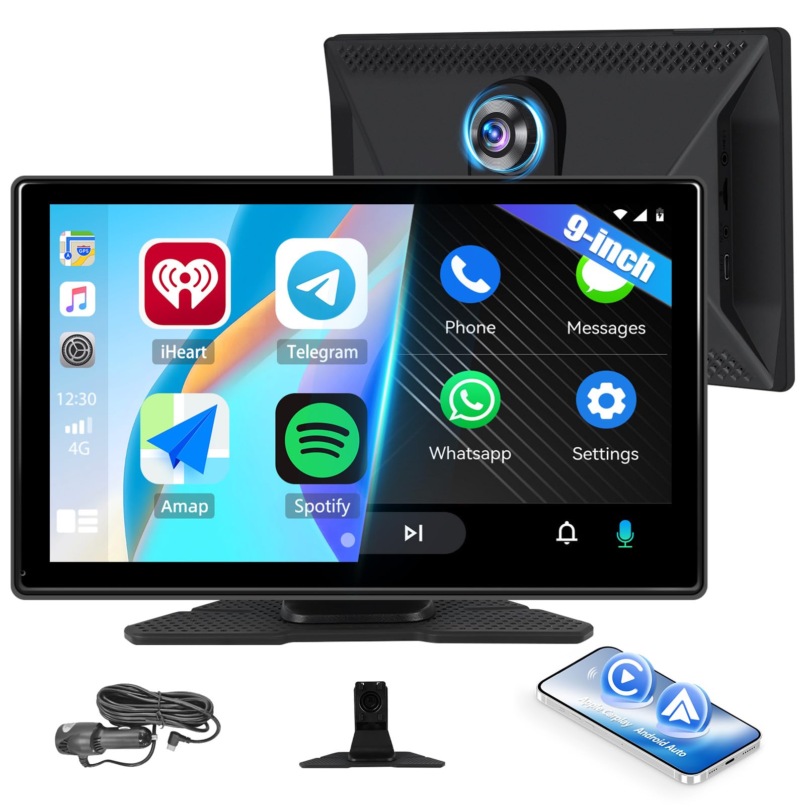 SIXWIN Pantalla Coche Inalámbrico Carplay/Android Auto, 9 Pulgadas de Pantalla Táctil con 2K Dashcam Frontal, Soporte 1080P Cámara Trasera，Comandos de Voz con Bluetooth/FM/Type-C/TF/AUX