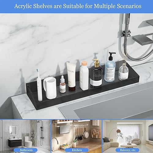 Miniatura 4 de Estantes acrílicos para baño, estante acrílico transparente de 15.7 pulgadas, montado en la pared, sin taladros, estante grueso y transparente de