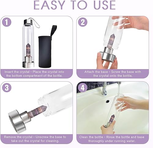 Vista 125 de ChezMax Botella de agua de cristal con centro de cristal natural A - Cristal rosa