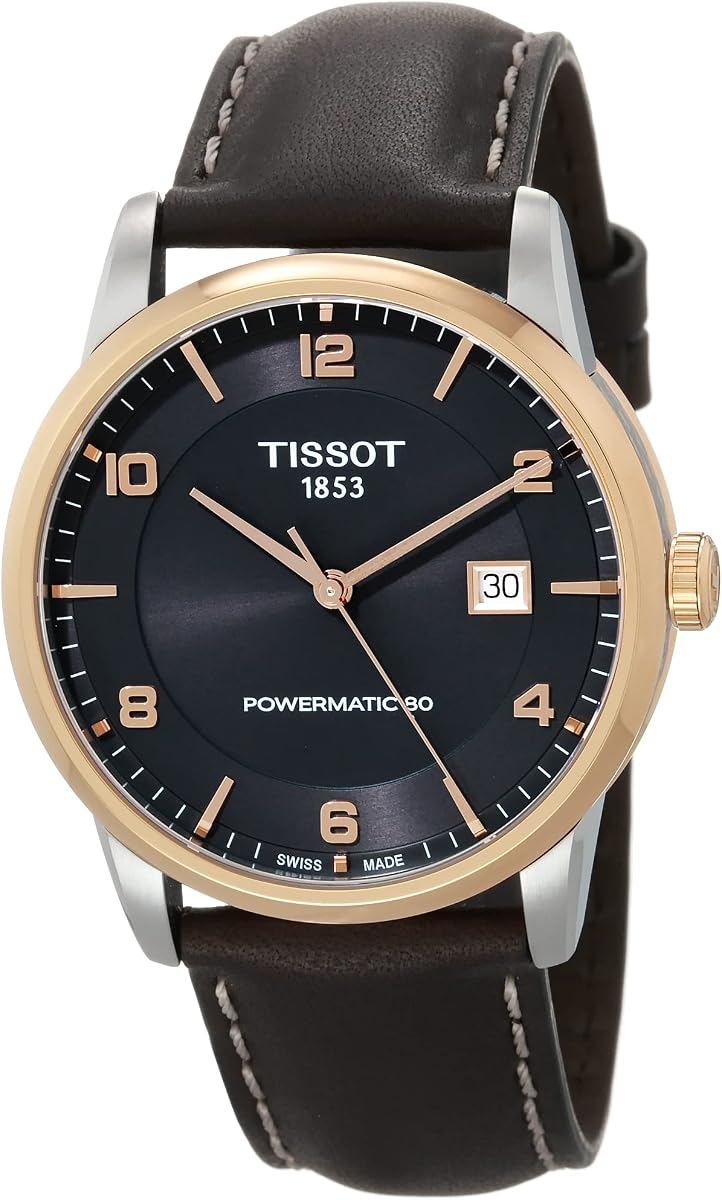 Tissot Reloj automático de lujo para hombre con caja de acero inoxidable 316L y revestimiento de PVD en oro rosa, marrón, cuero, 22 (T0864072606700)