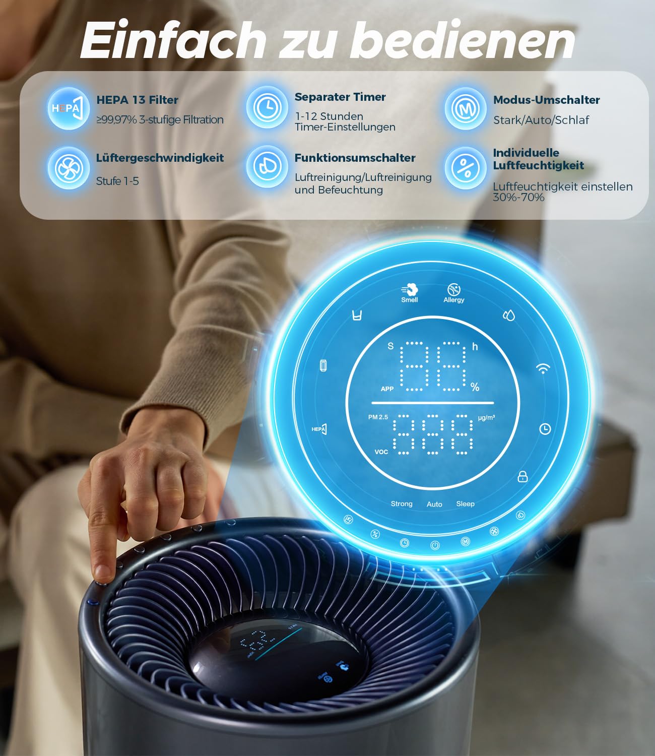 AUPU Purificador de aire 2 en 1 y humidificador evaporativo – Certificado de seguridad, 5 niveles de soplado, recarga superior y gran volumen de depósito de agua, filtro HEPA verdadero para mascotas