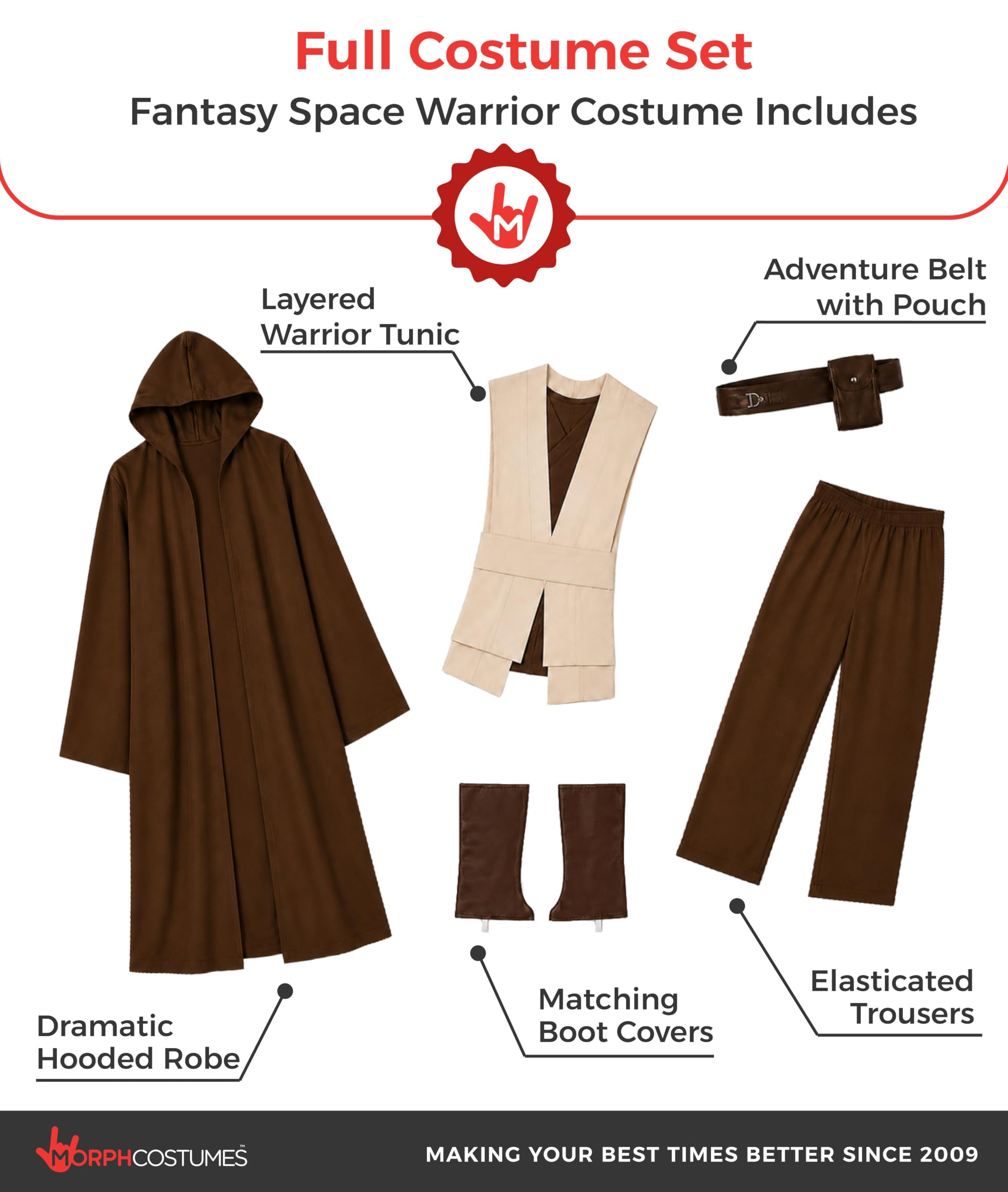 Morph Fantasy Kostium Szata z Kapturem dla Mężczyzn, Brązowa Peleryna Wojownika z Tuniką, Kostium na Halloween