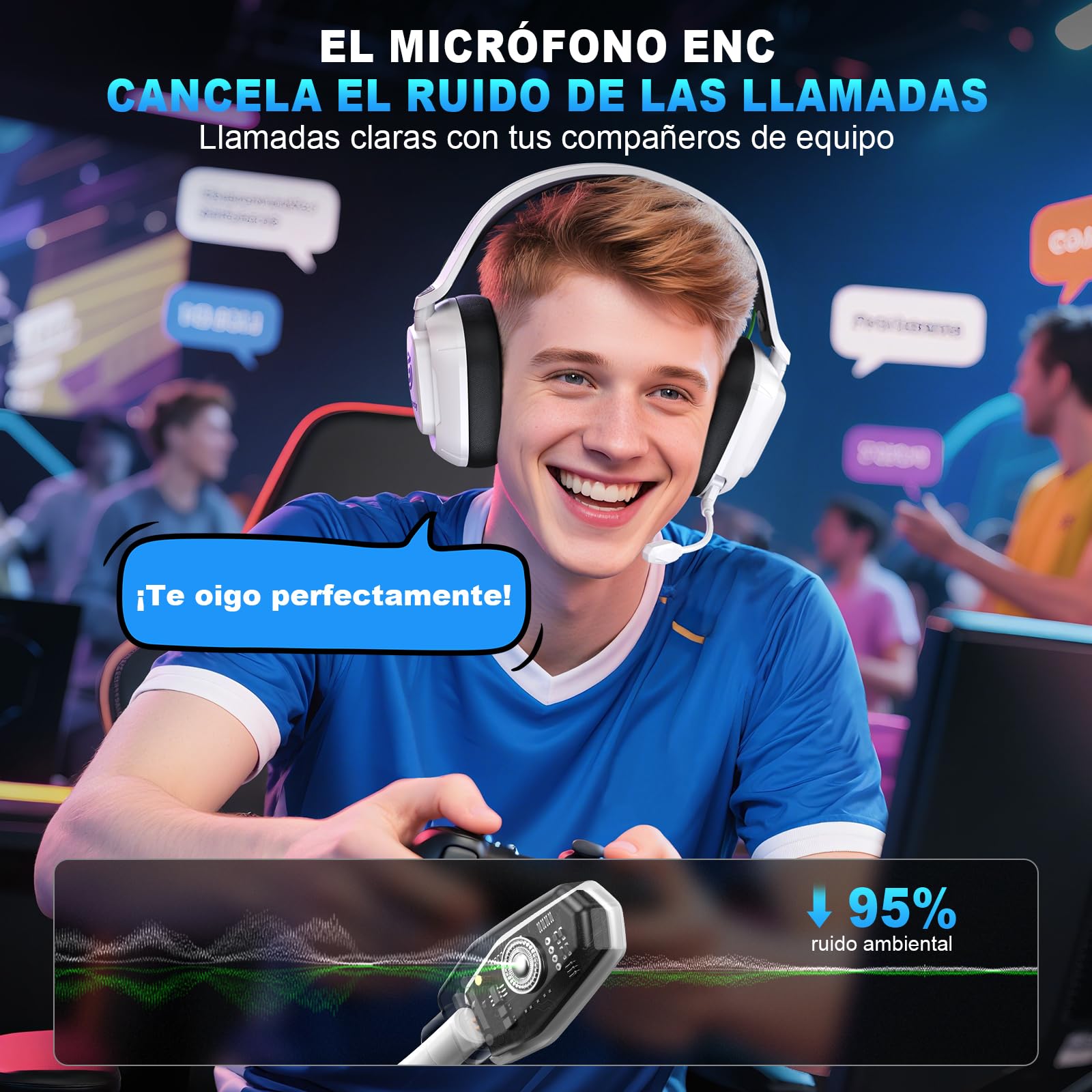 VK84 Cascos Gaming Inalambricos para Ps4, Ps5, PC, Mac, Switch, Auriculares Gaming con Micrófono con cancelación de Ruido, Cascos de Juego Bluetooth 5.4, Blanco Y Negro Brillante