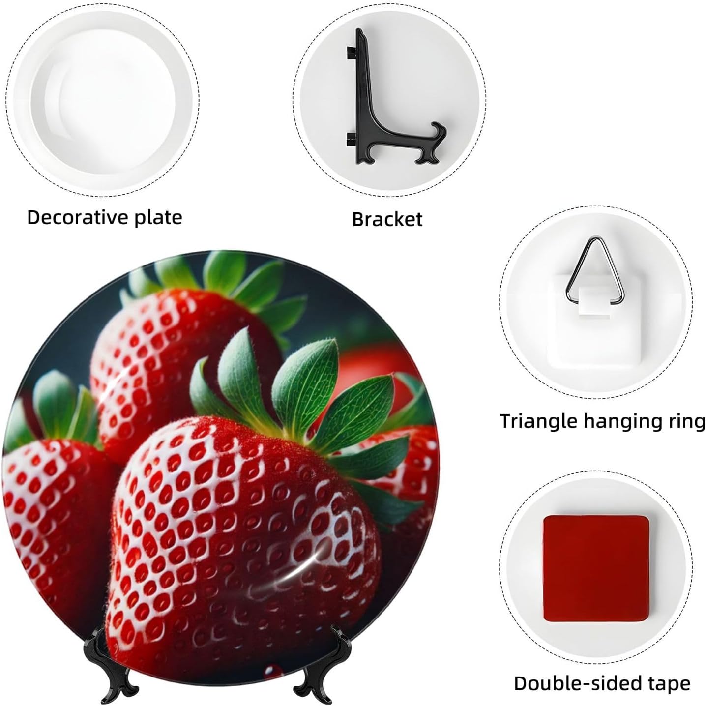 Strawberries-Pattern 10 Inch Decorative Plate With Stand, Elegant Display Wall Plate For Home Decor