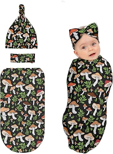 Manta para envolver recién nacido con sombrero y lazo, saco de dormir suave, saco de envolver regalo para artículos de bebé de hongos, artículos de