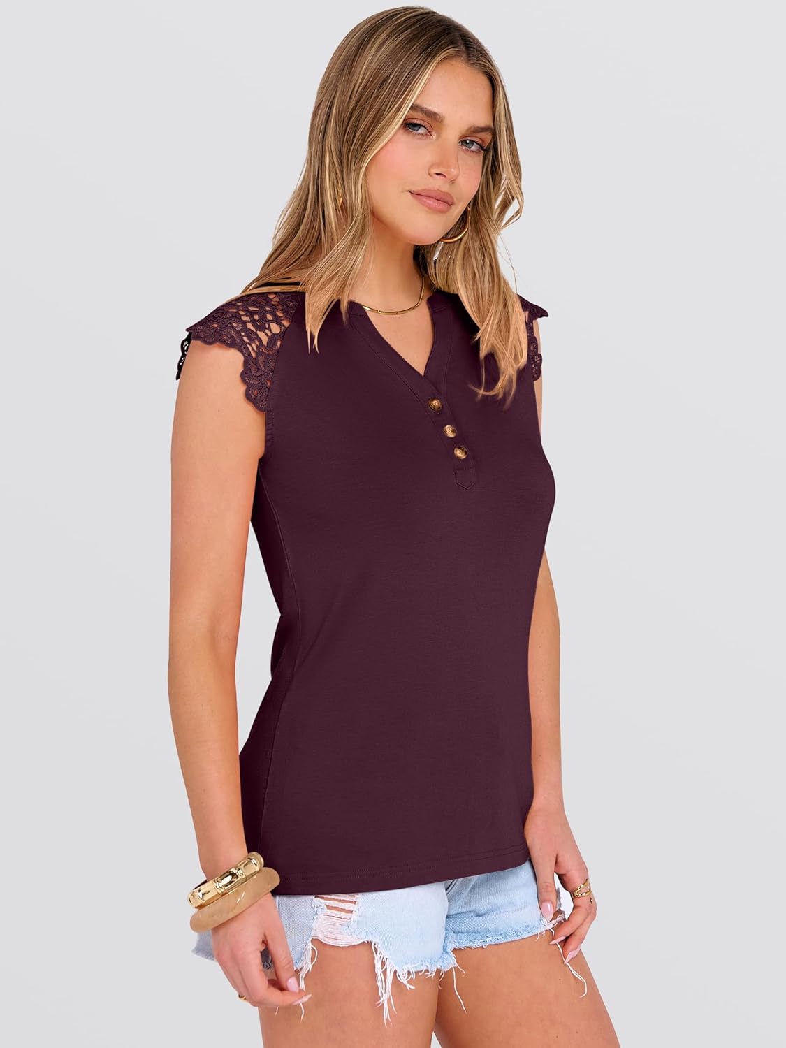 ANRABESS Womens Tops Dressy Casual Lace Cap Sleeve Henley Shirts Summer Sleeveless Button Up Blouses 2026 Spring Outfits - Image 5