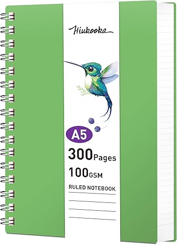 HIUKOOKA Cuaderno de espiral A5 con rayas universitarias, 300 páginas, cuaderno grande, cubierta de PVC, encuadernado en espiral, 5.7 x 8.22