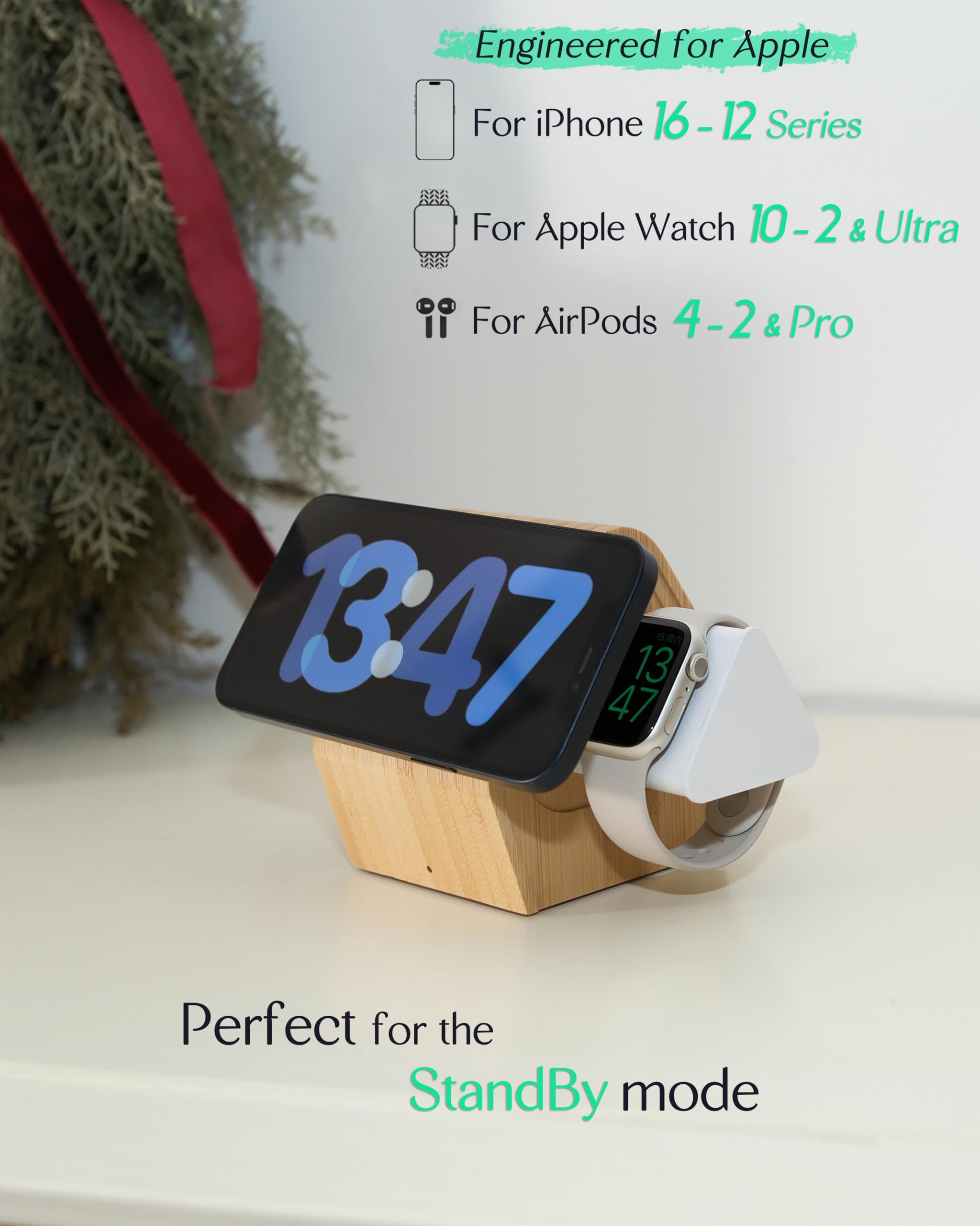 Bambusowa bezprzewodowa stacja ładująca do Apple: stojak na ładowarkę 3 w 1 ze stylem kabinowym do iPhone'a 16, 15, 14, 13, 12, Apple Watch 10-2, Ultra, AirPods 4-2, Pro, bezprzewodowa ładowarka