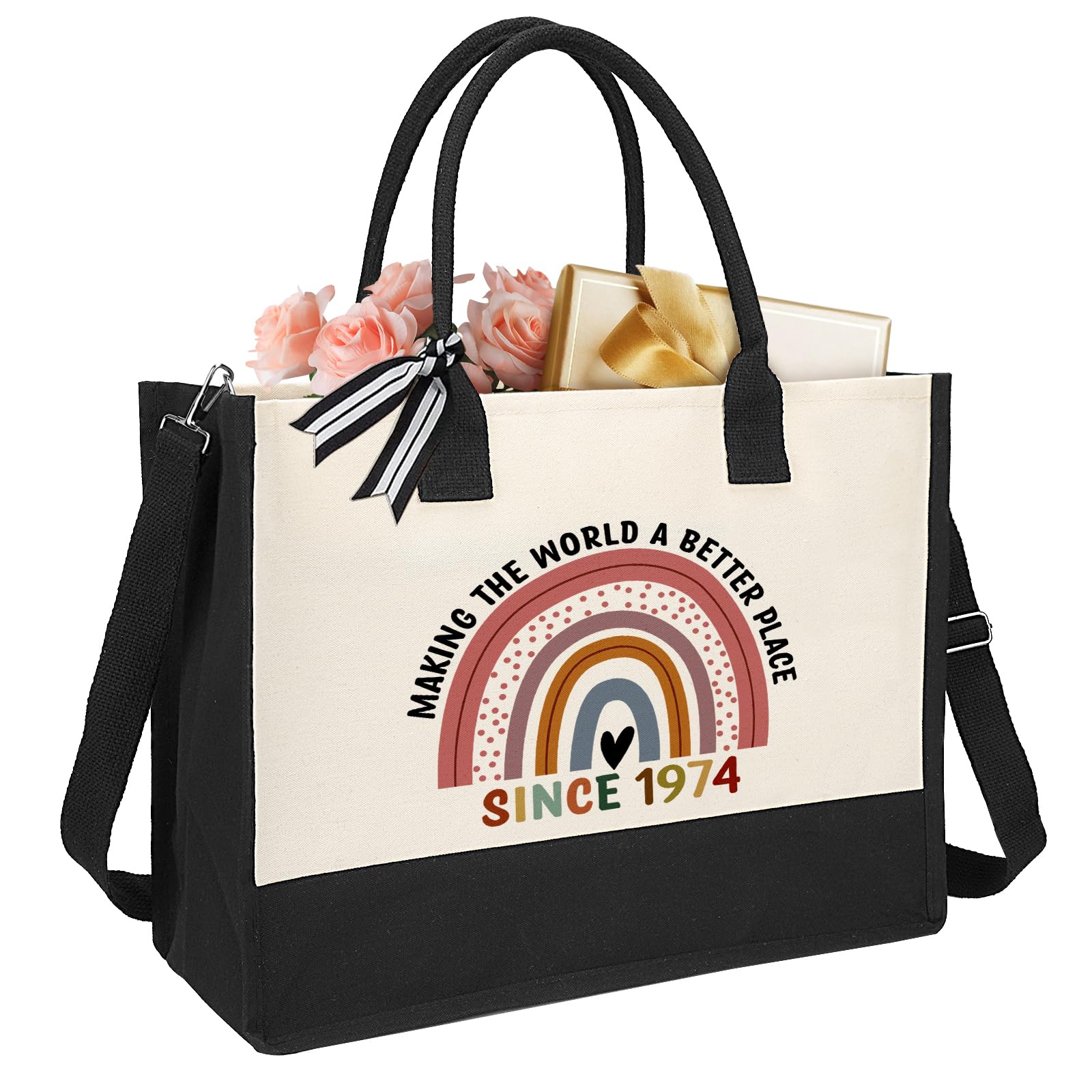 Tote Bag, 50th Birthday Gift for Women, Medium White Canvas Bag with Zipper, 1974