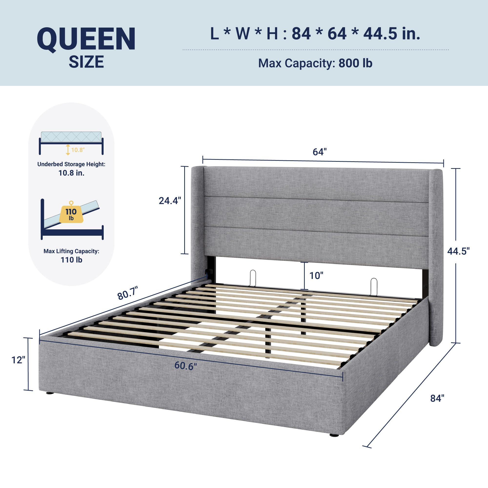 Allewie Queen Size Lift Up Storage Bed, Modern Wingback Headboard, Hydraulic Support, No Box Spring Needed, Light Grey - 2
