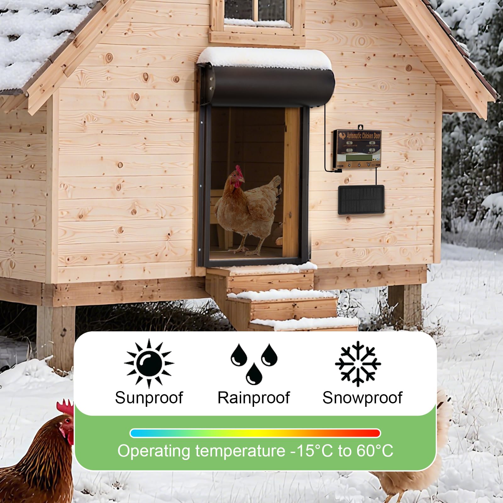 Batería automática de gallina, Puerta de Pollo eléctrica automática | con temporizador, panel solar, mando a distancia, manual, protección inteligente contra pellizcos