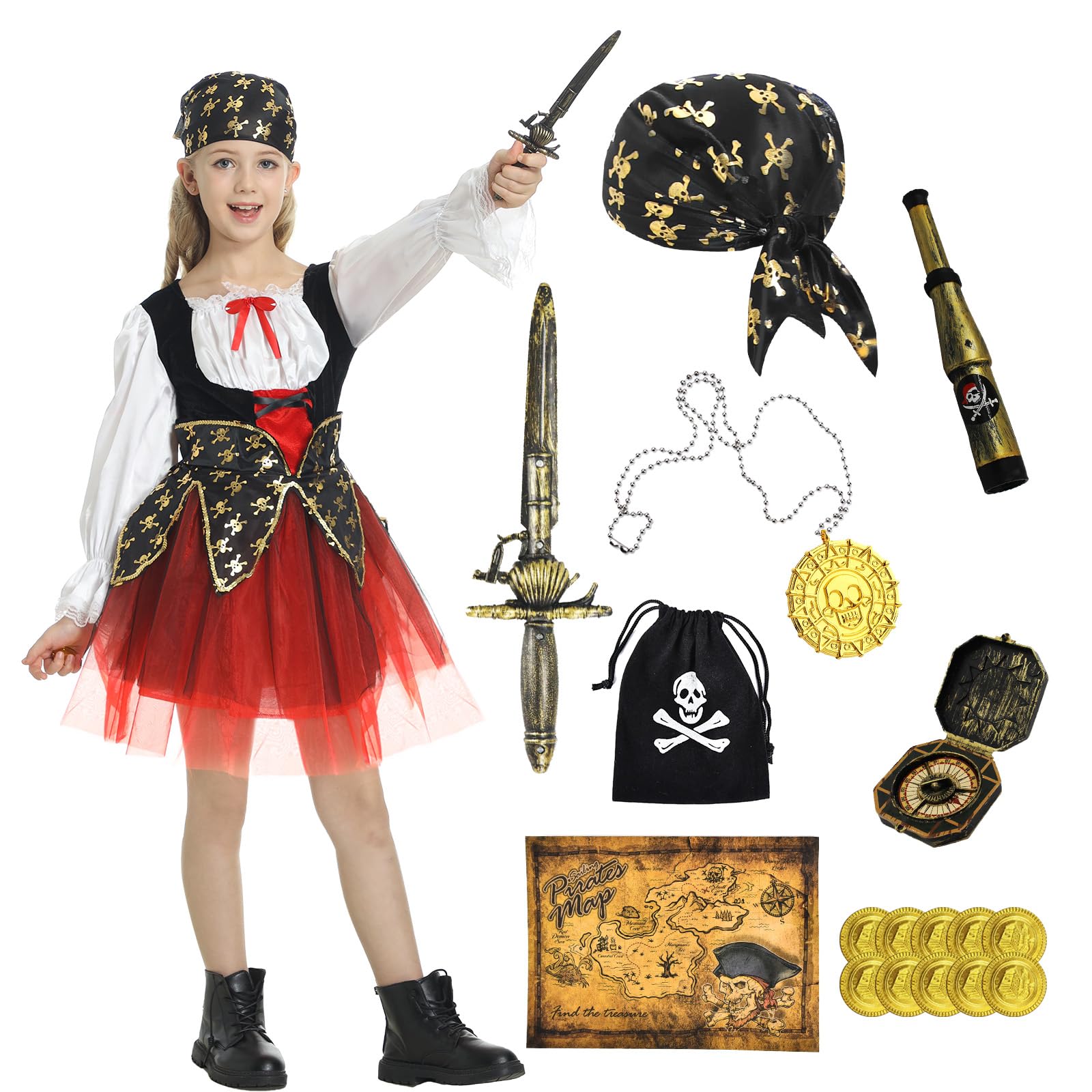 WELLCHY Disfraces de Piratas para Niños, Disfraces Pirata Accesorios con Sombrero Máscara de Ojos Brújula, Pirata Cosplay Disfraces para Niños 4-10 Años Carnaval Halloween