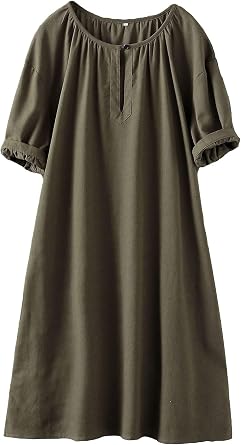 Minibee Womens Cotton Linen Dress Midi Casual Tunic Dresses