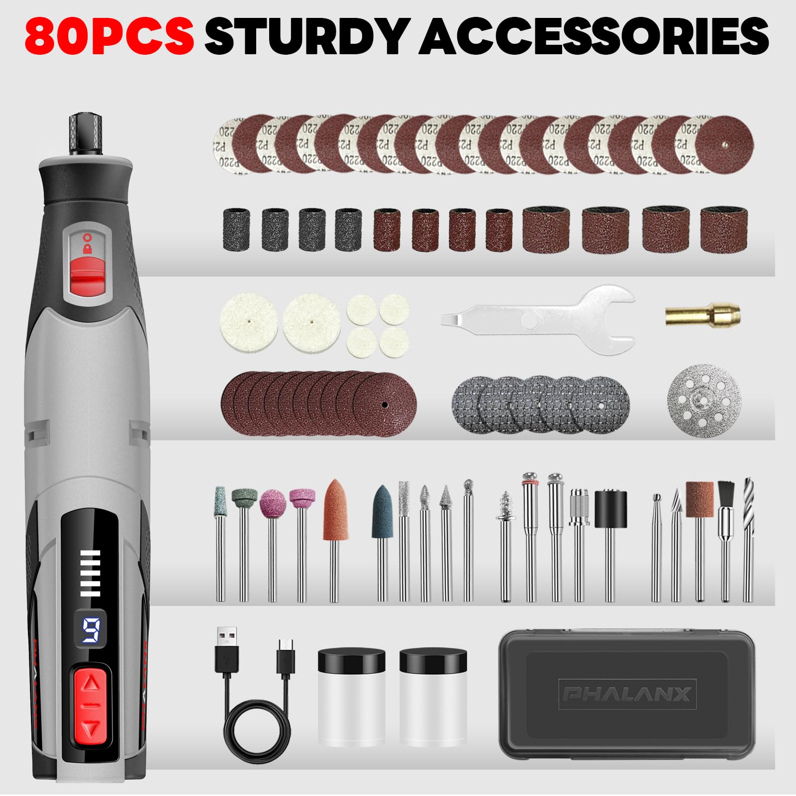 PHALANX Kit di utensili rotanti senza fili, batteria da 4 V 4000 mAh, 80 accessori, 9 impostazioni di velocità, 28000 giri/min, ricarica di tipo C (PRT-grigio)