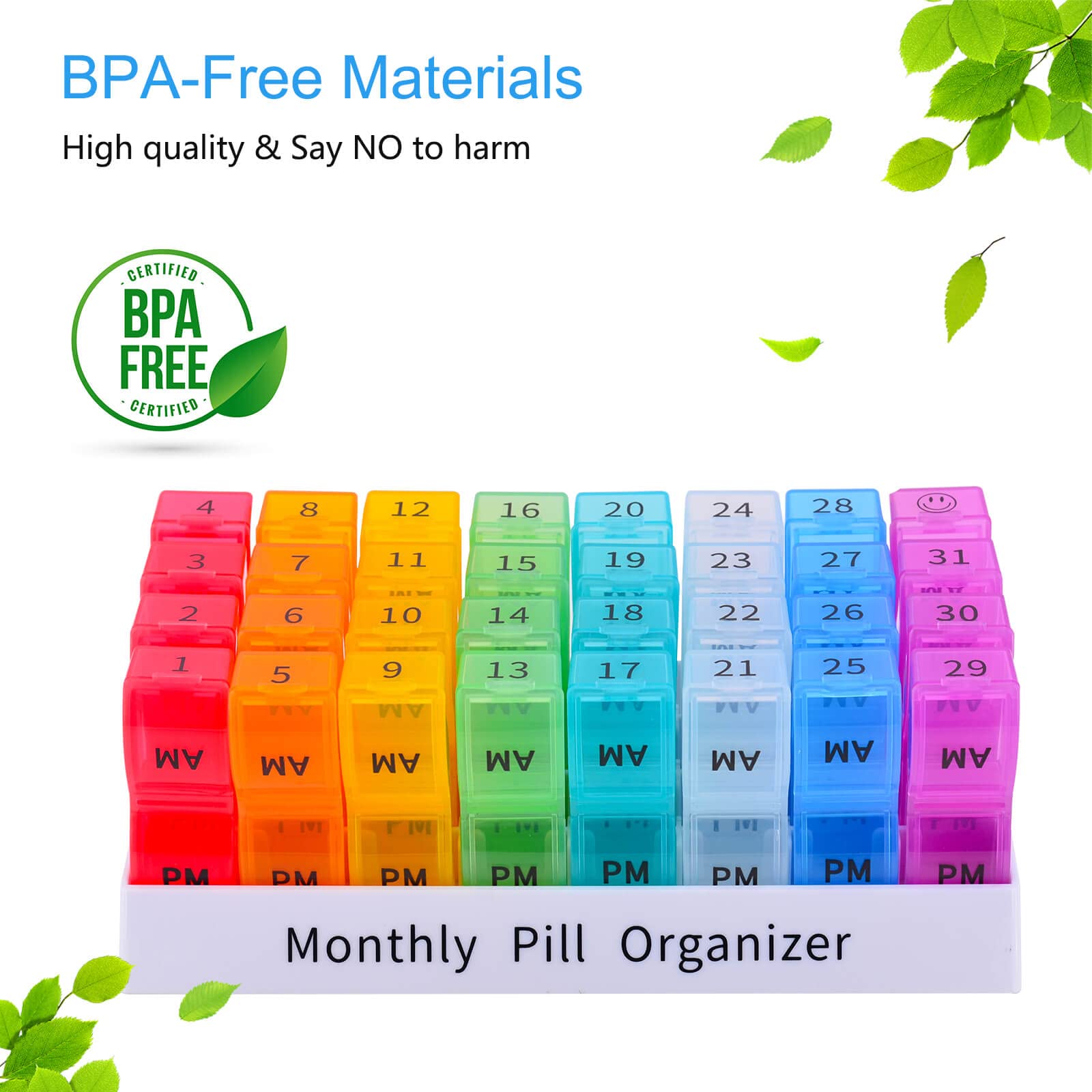GREENCYCLE Pilulier mensuel 2 fois par jour, 30 jours matin et soir, pilulier 4 semaines, pilulier d'un mois, petits compartiments séparés pour contenir des vitamines, de l'huile de poisson, des