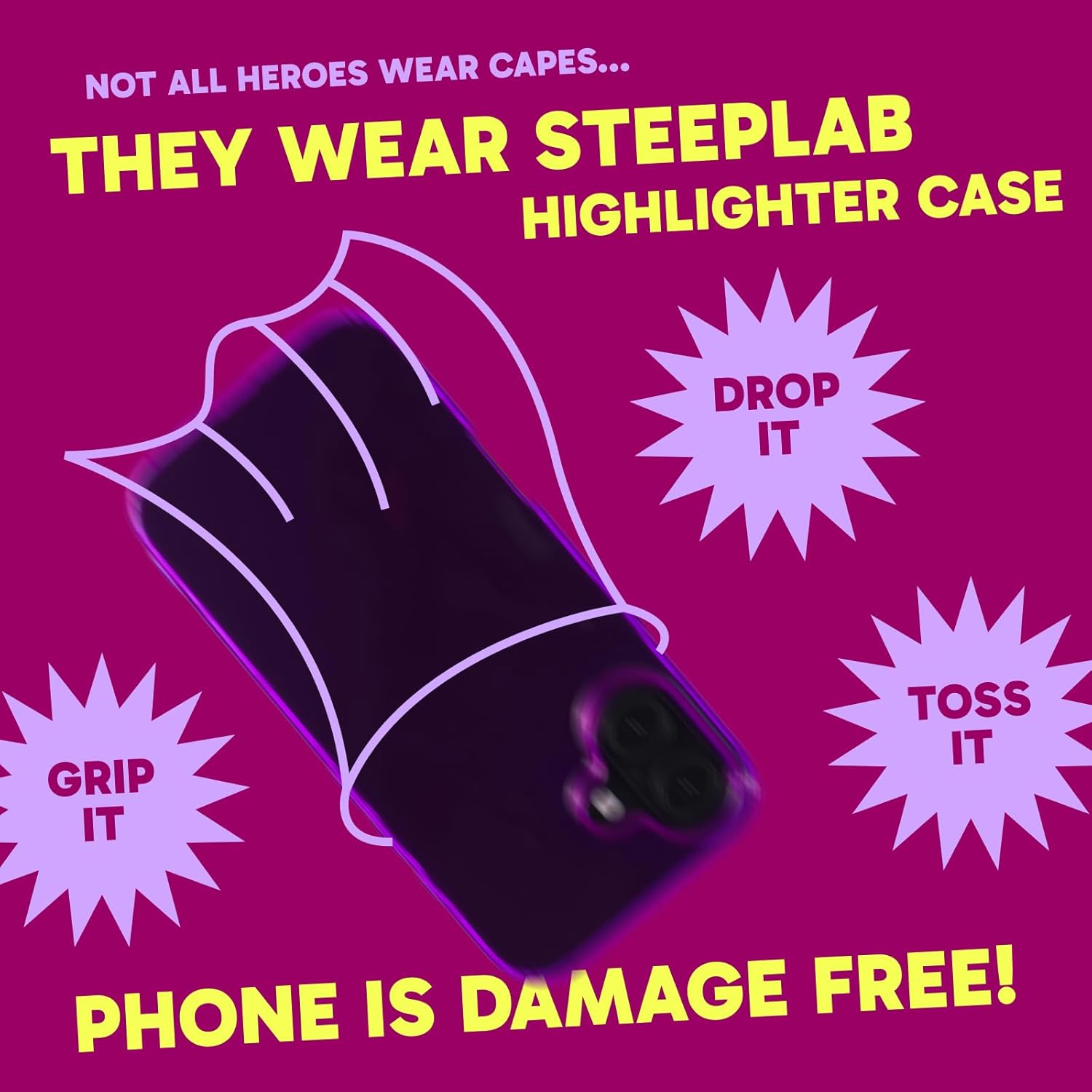SteepLab Neon Highlighter Case for iPhone 16 Plus - The Grippy Jelly Case w/Protective Air Pockets (Saturated Vivid Purple)