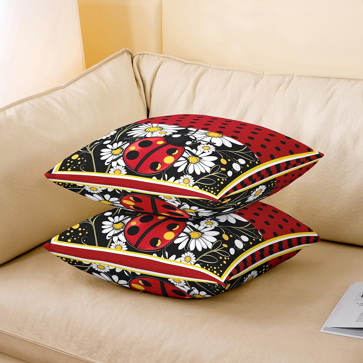 Reversible Ladybug Throw Pillow Covers, Set Of 2, 20x20 Inches, Cute Cartoon Animal Print