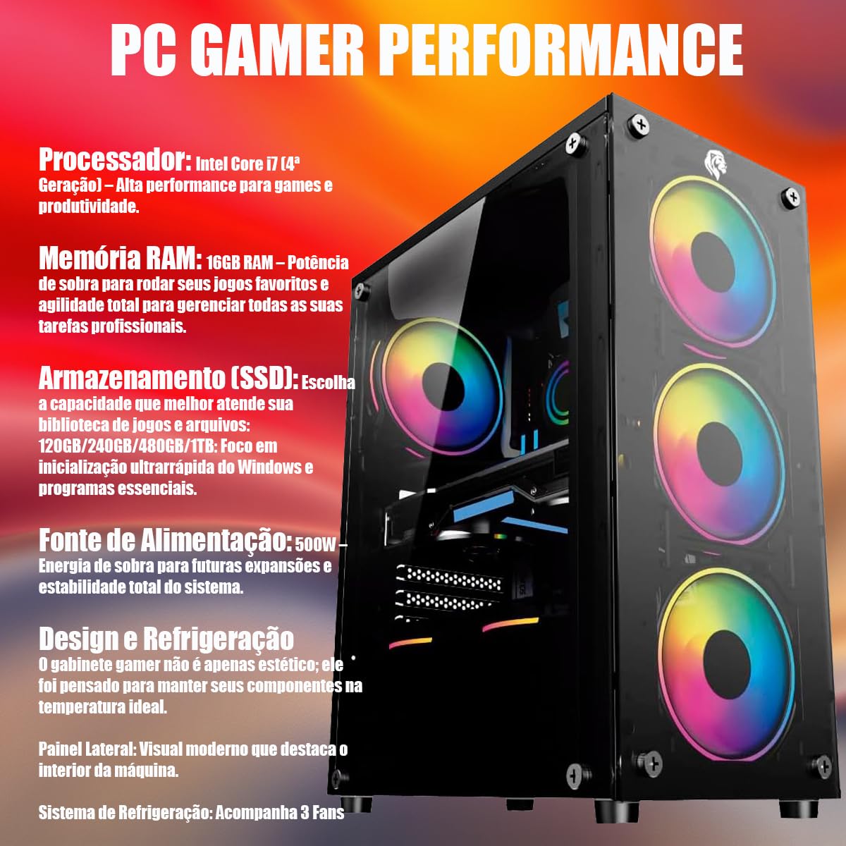 PC Gamer Completo Intel Core i7 3ª Geração, Opções 8GB/16GB RAM