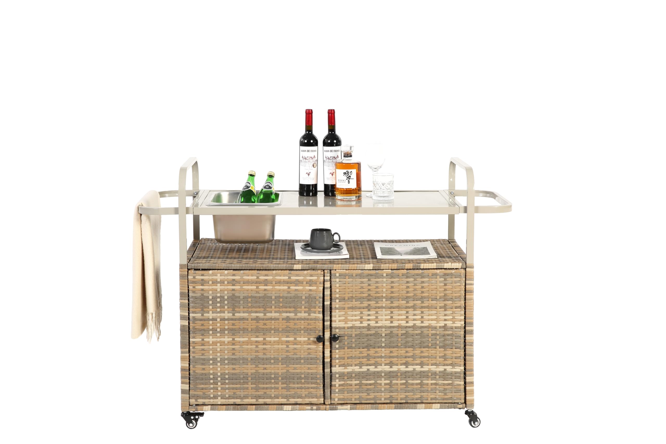 Mesa de bar para exteriores, carrito de mimbre con gabinete, carrito de servicio de patio con tapa de acero, con un cubo de hielo, cesta lateral para jardín, ruedas bloqueables, lado de piscina y