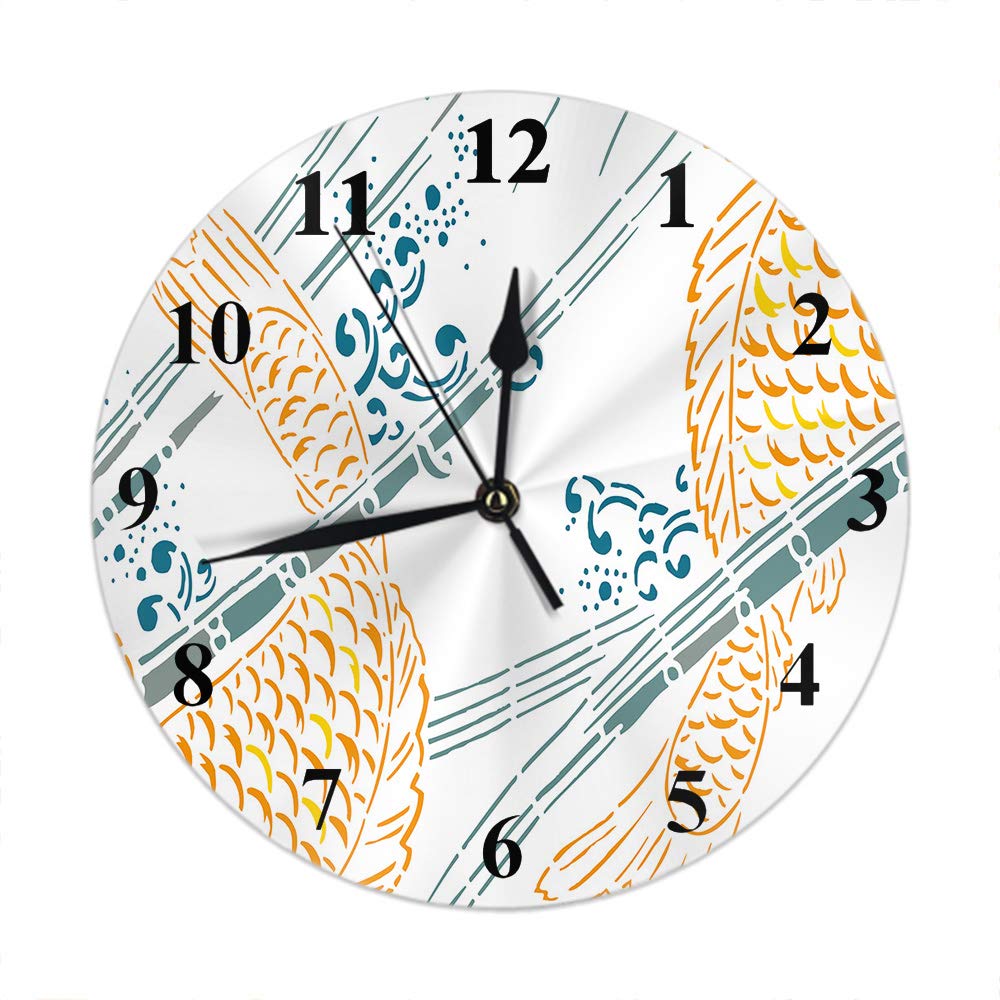 Koi Fish Round Wall Clock,Beautiful Art with Koi Fish Jumping Symbol of Good Luck Culture in China Round Wall Clock Home & Garden Wall Decorative for Bedroom Office School Art(10")
