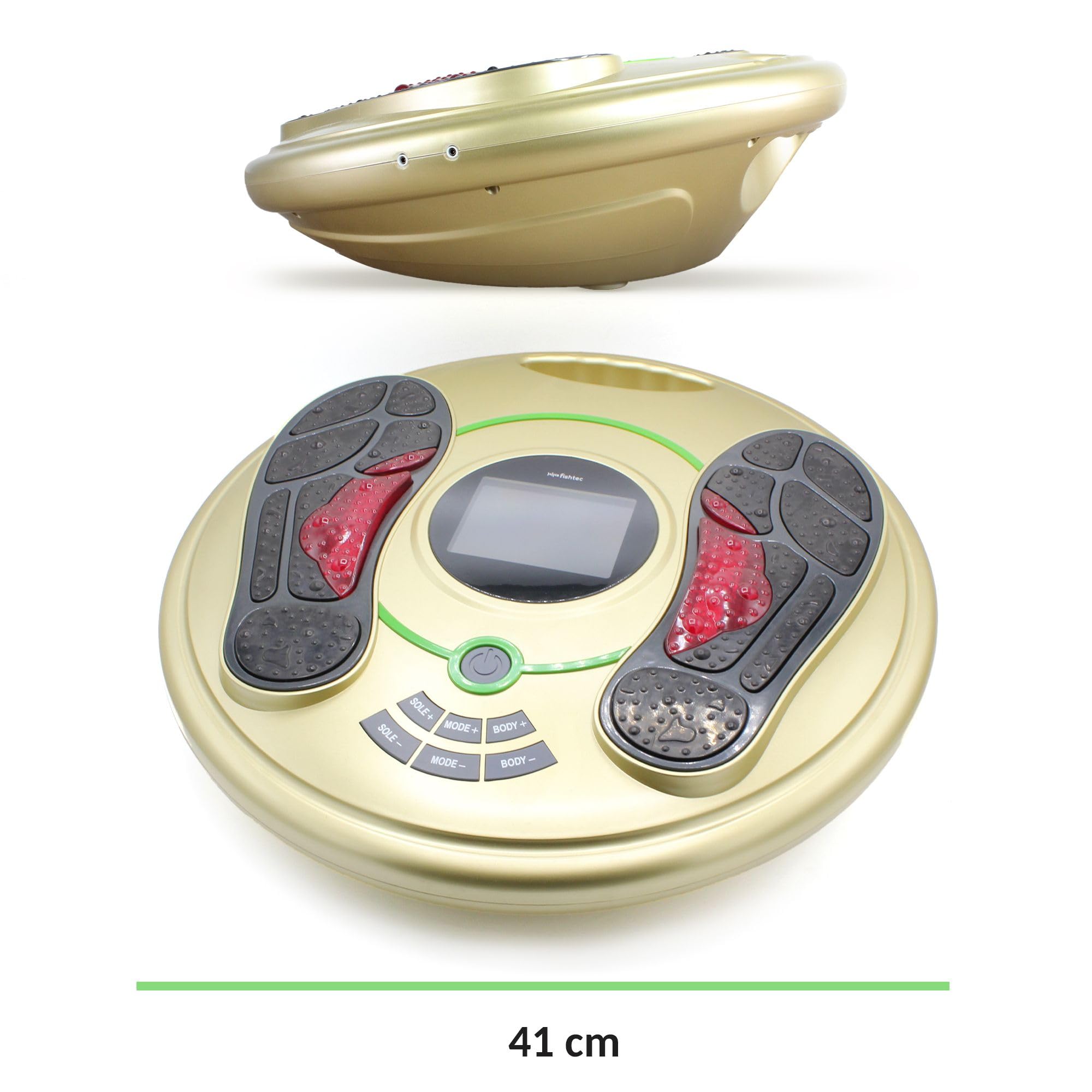FISHTEC - Stimolatore muscolare antidolorifico - Impulsi elettrici con 99 livelli di intensità e 25 programmi - Fornito con 4 pad e telecomando - Piedi pieghevoli - Ampio display LCD, Oro E Verde