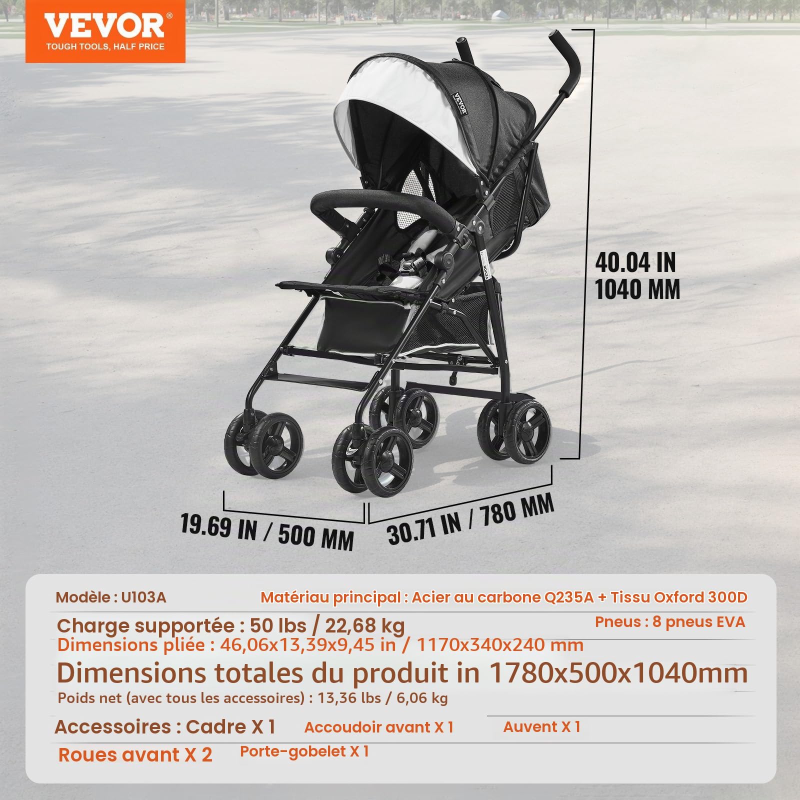 VEVOR Poussette légère pour bébé, poussette pour tout-petit compacte avec dossier inclinable multipositions, cadre en acier au carbone, grand panier de rangement, pour nouveau-né, voyage, noir blanc