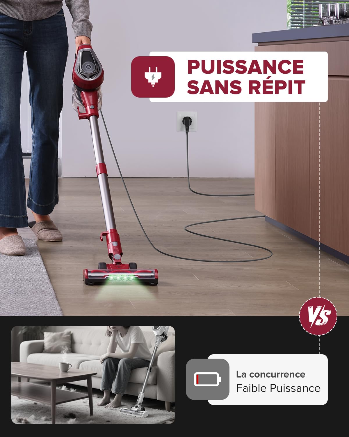 Vexilar C8 Aspirateur Balai avec Fil, 600W/60Kpa Aspirateur Balai Filaire Puissant, Câble de 7m, Brosse Anti-Emmêlement, Filtre HEPA, 1,5L, Aspirateur Léger pour Sols Durs, Tapis et Poils d’Animaux