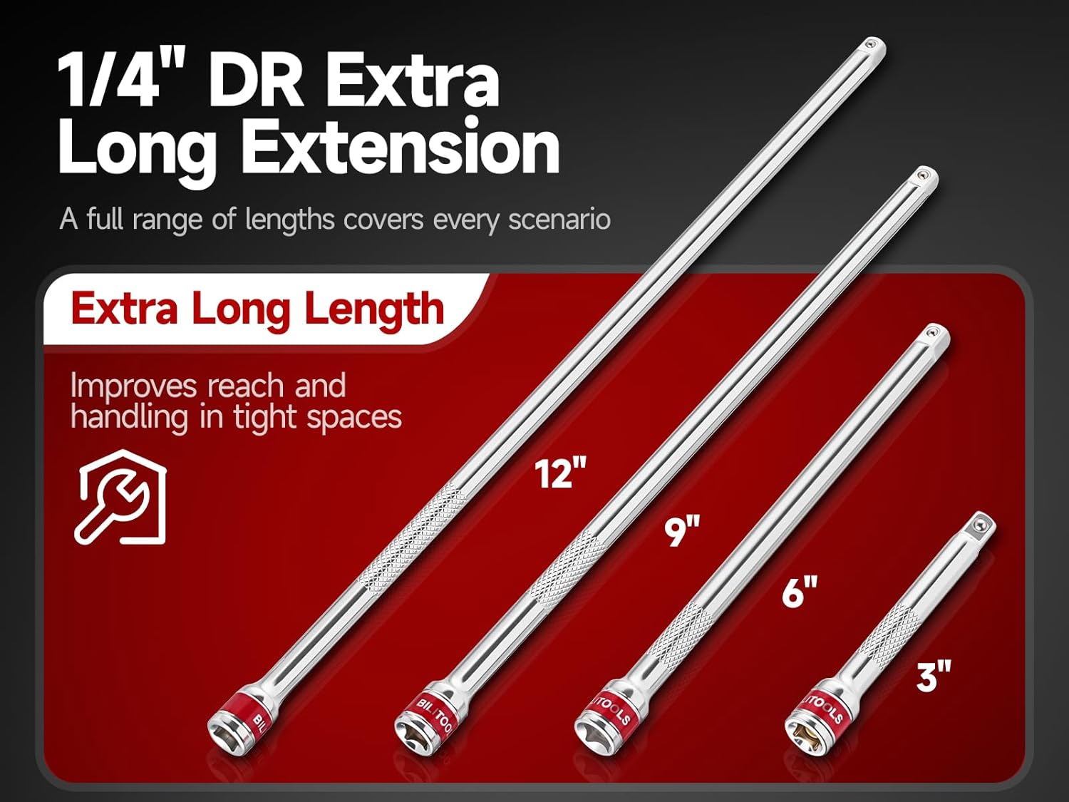 BILITOOLS 5-Pc 1/4" Drive Socket Extension Set with Extra Long Extension Bar and Universal Joint.